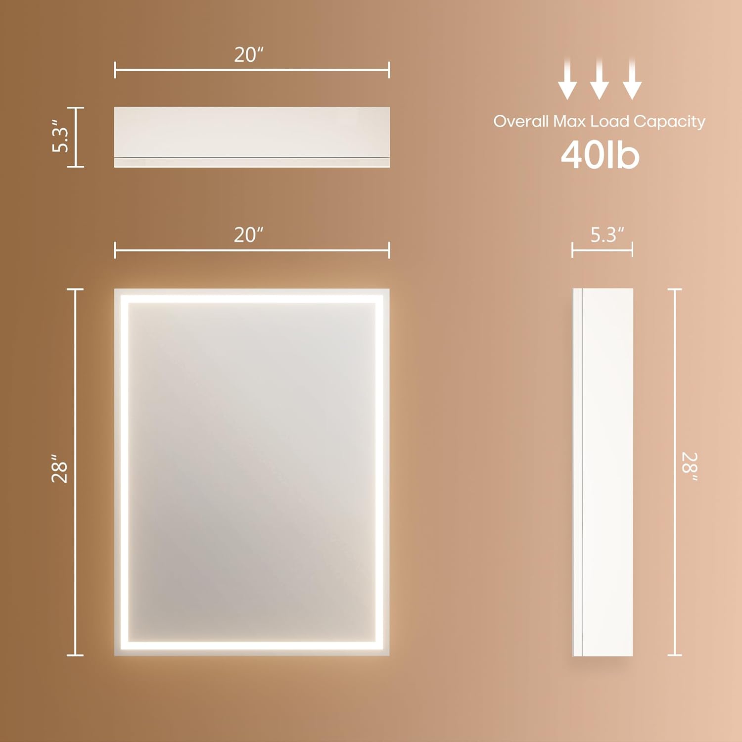 28x20 inch led lighted medicine cabinet with mirror, moisture-resistant wood, stepless dimmable, 3000k/5500k, defogger, adjustable shelf, flat-pack design – assembly required (white) white w20 x h28 1door