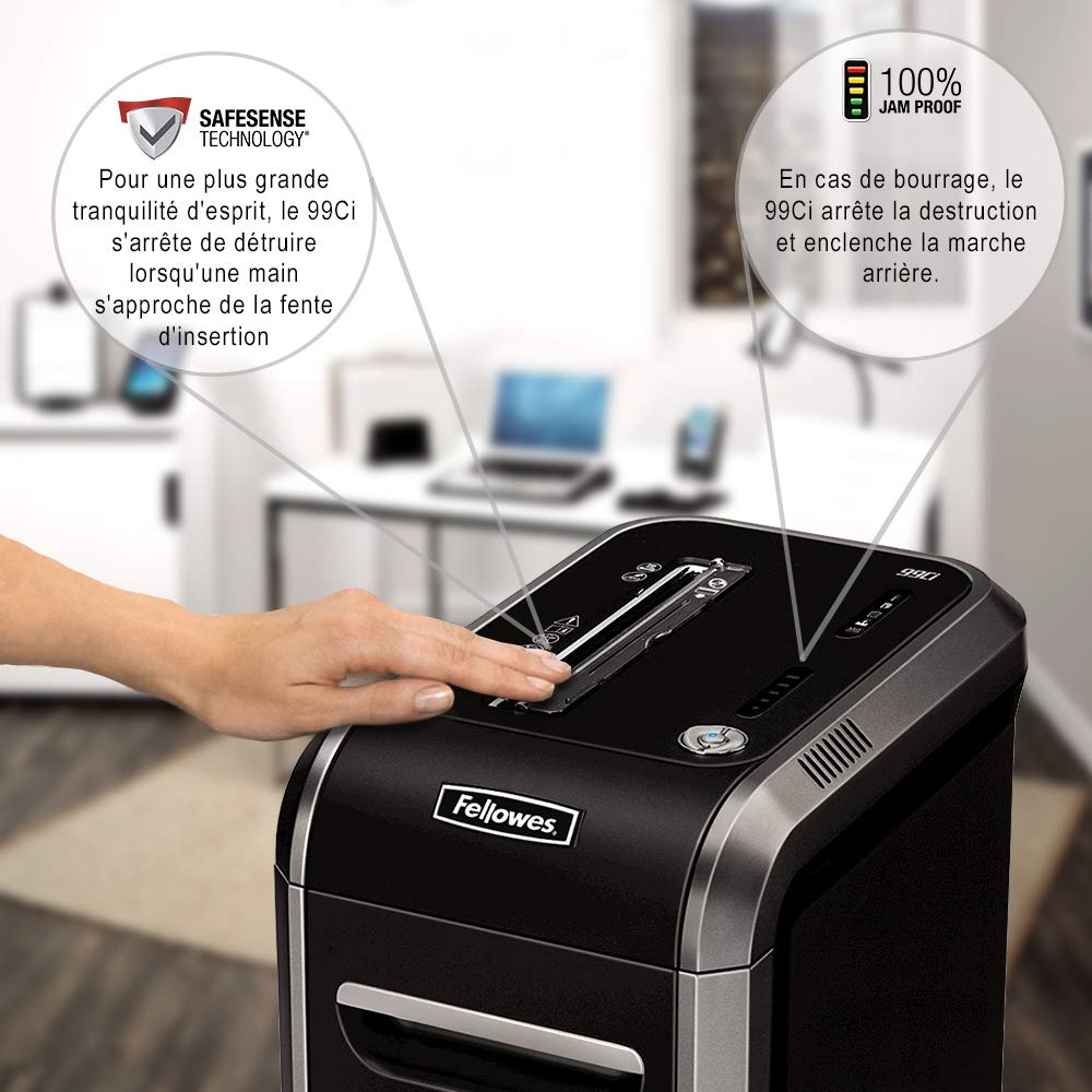Fellowes Niszczarka do dokumentów, 18 arkuszy, cięcie cząstek (P4) do biura, Powershred 99Ci, niszczarka z technologią 100% bez zużycia, bezpieczny system oszczędzania energii, kosz na śmieci 34 l,