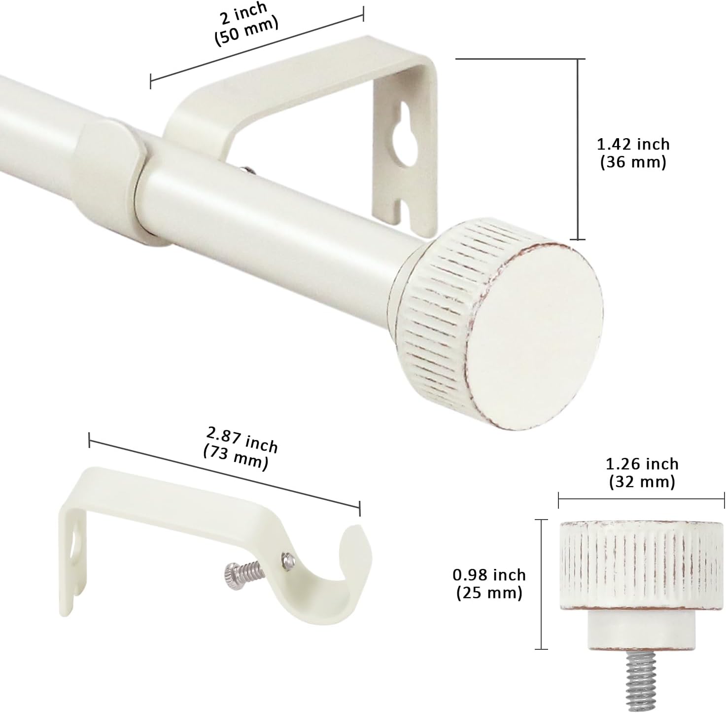 5/8" single Curtain Rod with Bouton Finials (Weathered White, 28"-48")