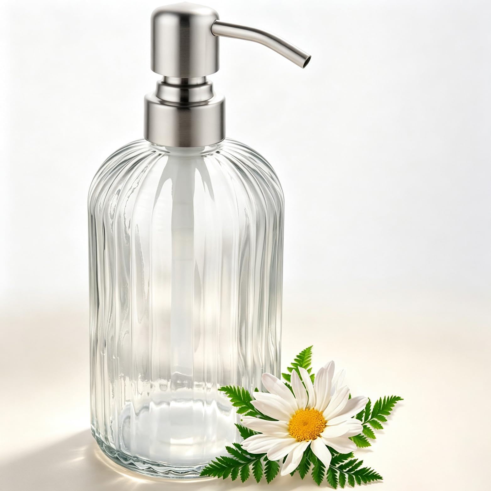 GULICA Brushed Nickel Pump Dispenser - 15oz Heavy Glass Soap Dispenser for Kitchen and Bathroom - Elegant Clear Body with Non-Slip Surface