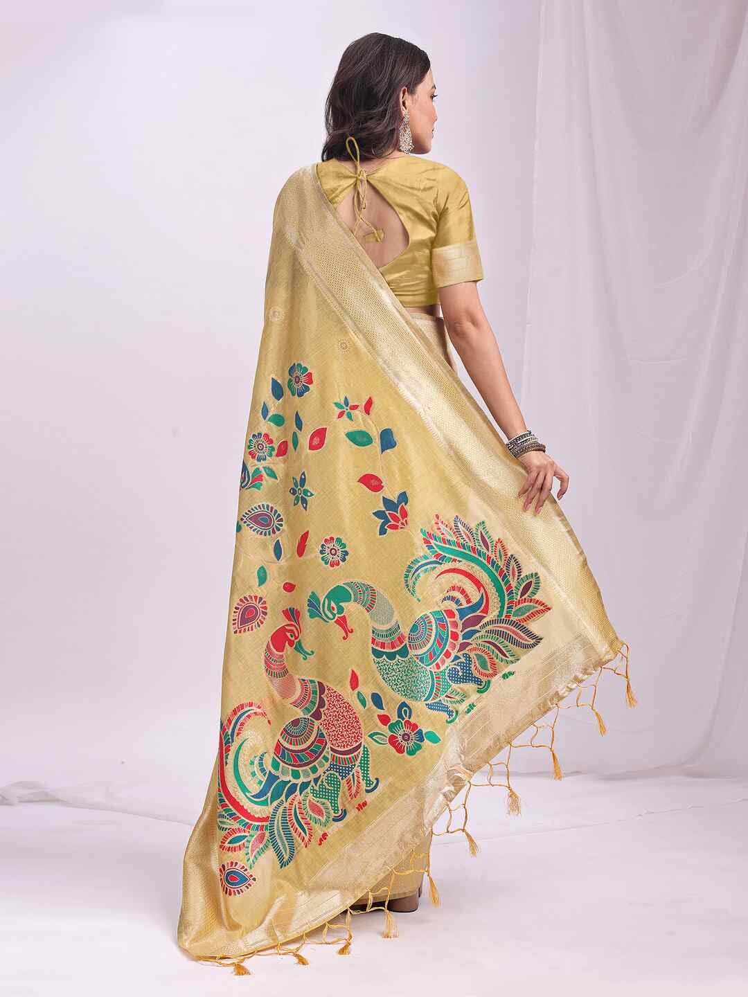 Shiv Textiles Women's Linen Cotton Peacock Pallu & Zari Border Saree(AUS-ASMRN1002-YELLOW) 4