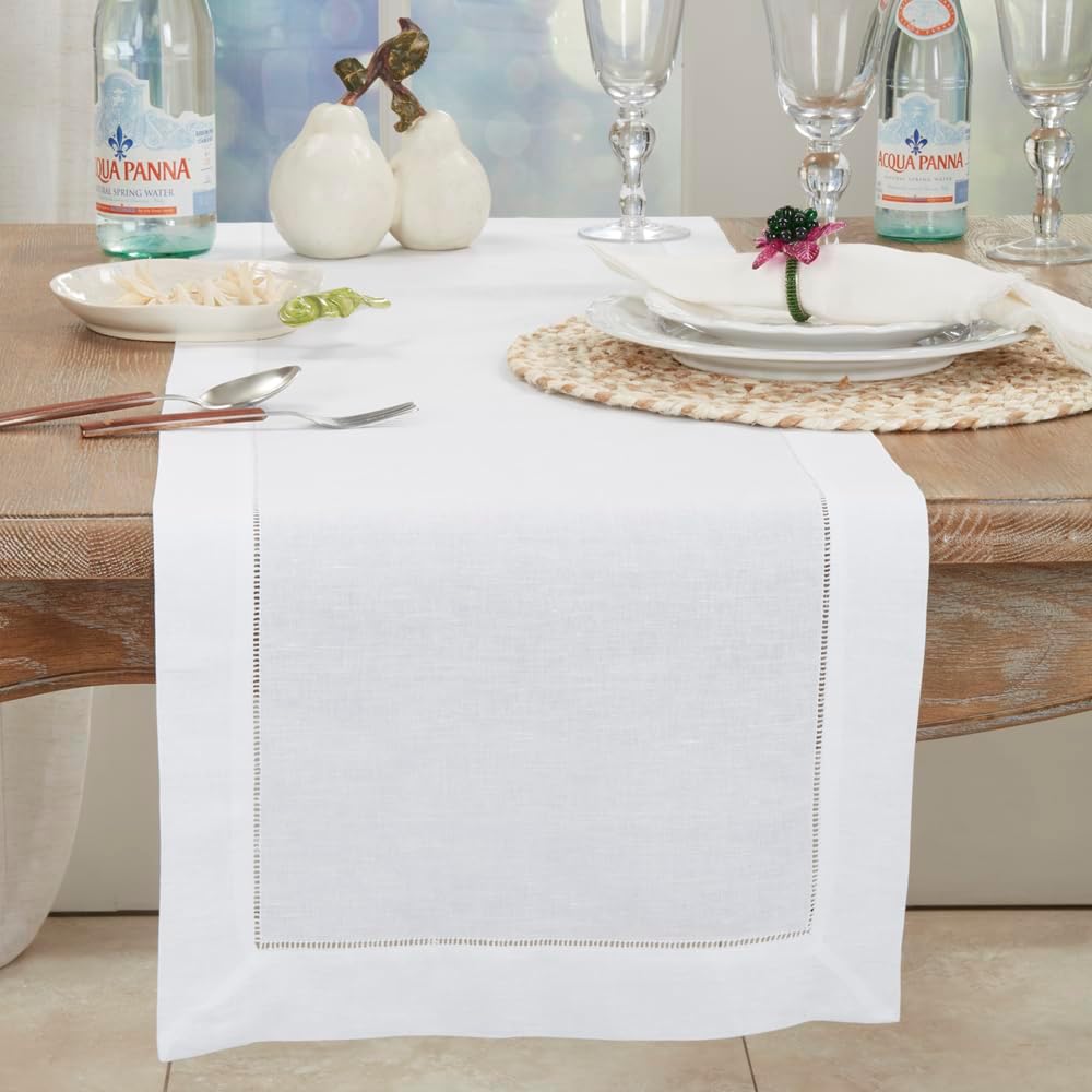 Fennco Styles Classic Hemstitch Border Linen Blend 16 x 90 Inch Table Runner for Dining Table, Banquet, Wedding, Family Dinner, White (White, 16" X 120")