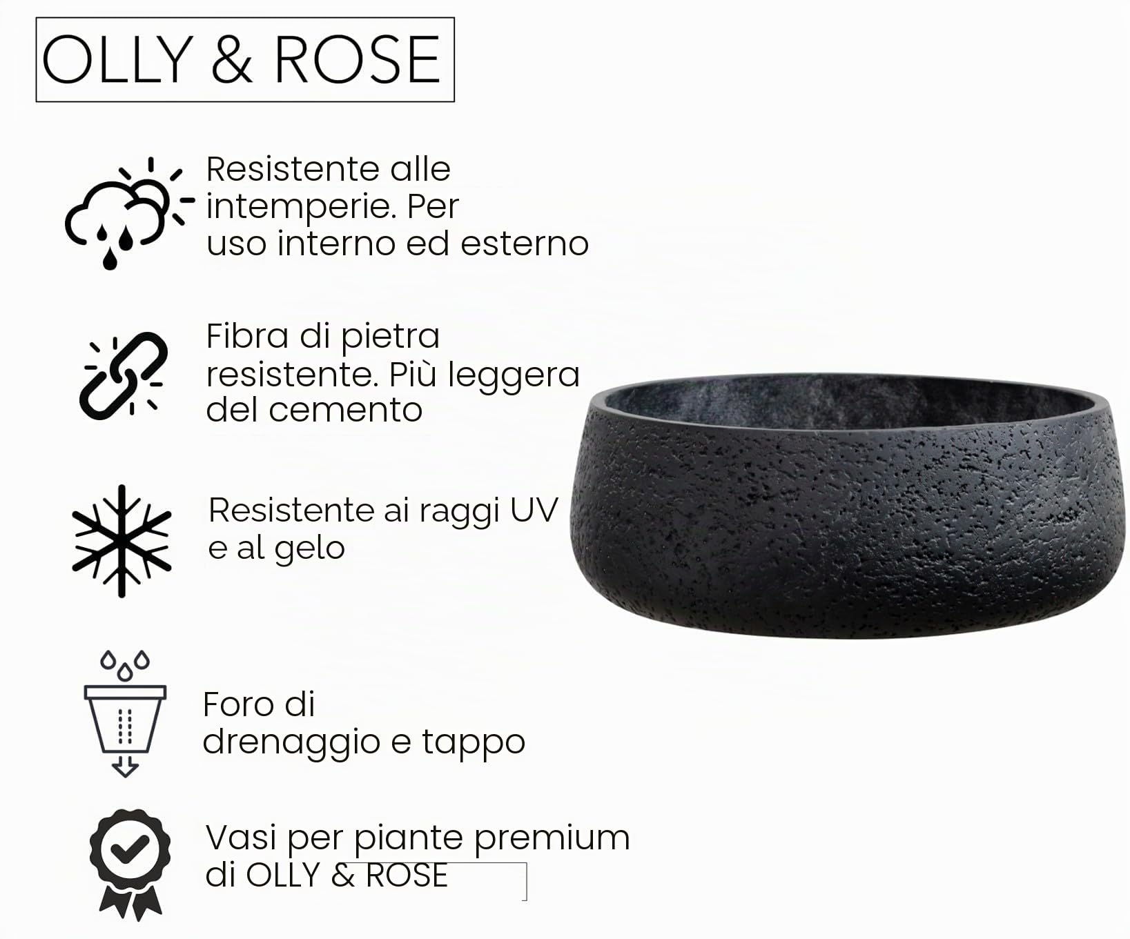Olly & Rose Ciotola Fioriera in Ceramica Nera Opaca per Decorazione Casa - Vaso per Piante Poco Profondo per Interni ed Esterni - Vaso Decorativo per Fiori e Ciotola da Giardino (40,6 cm)