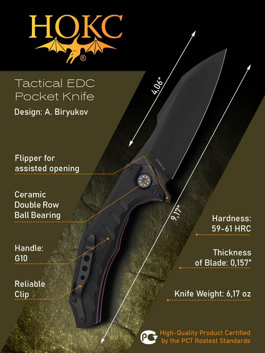 HOKC Mangust-2 | 336-708406 | Pocket Knife, EDC Knife by Official Dealer - Liner Lock, G10 Handle, Adjustable Pocket Clip, Ceramic Double Row Ball Bearing, Finger Flipper, Long and Durable D2 Stainless Tool Steel, Black Titanium Coated (DLC) - Ideal for Camping & Hunting