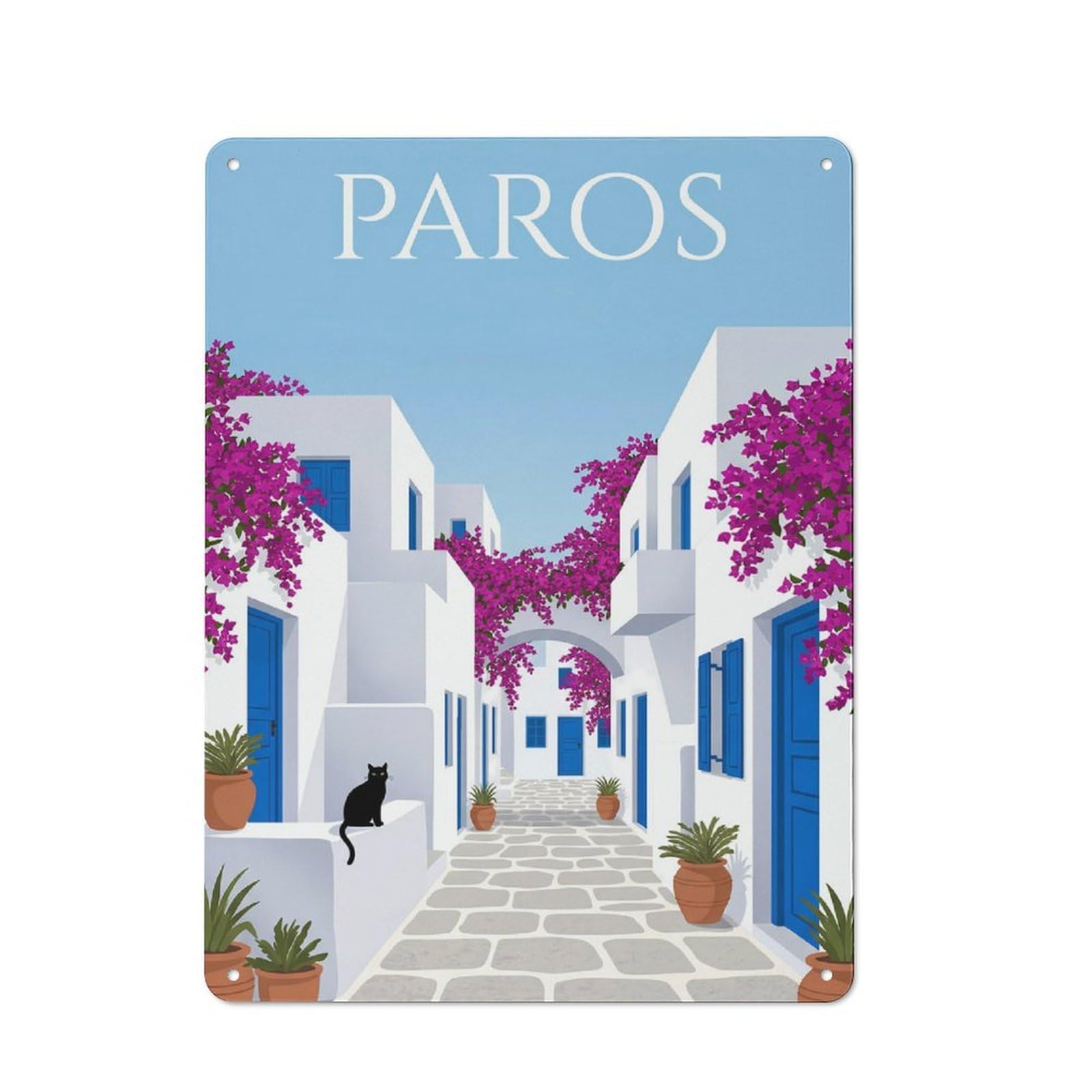 Junmoney Style-17 Tin Wall Plaque 40X30cm With Paros Greek Island For Garage Wall, Suited To People Furnishing A Garage