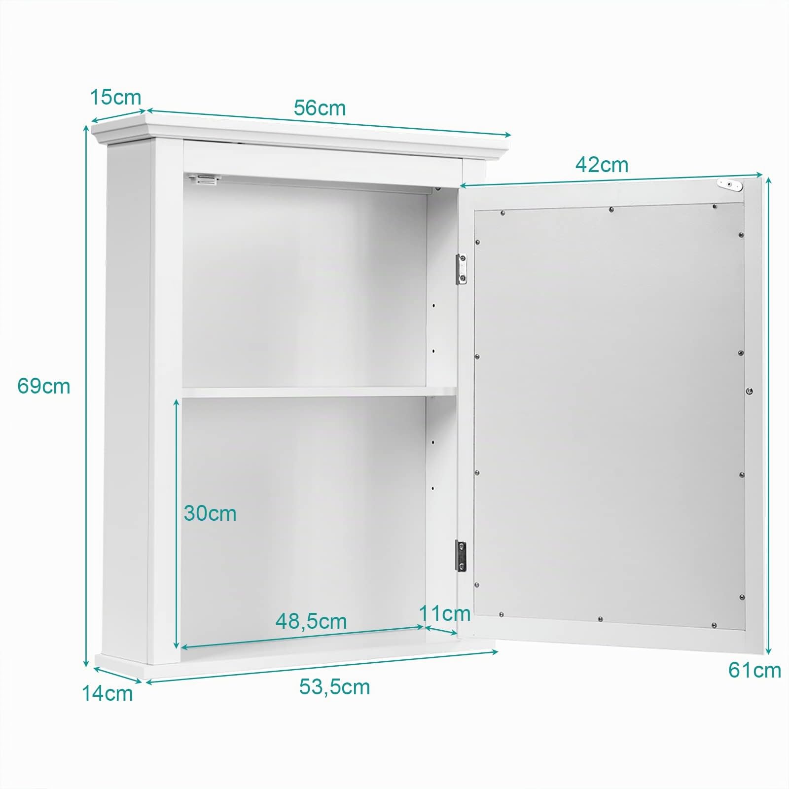 LIFEZEAL Armario con Espejo para Baño, Armario de Pared de Madera, Armario de Pared con Espejo, Organizador con Espejo para Baño con Estante Ajustable en Altura, 56 x 15 x 70 cm (Blanco)