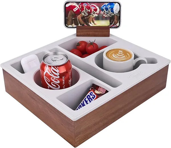 Couch Cup Holder Tray, Acacia Wooden Silicone Couch Caddy, Sofa Drink Holder Couch Storage Tray for Phone Tab Pen Key Beverage White