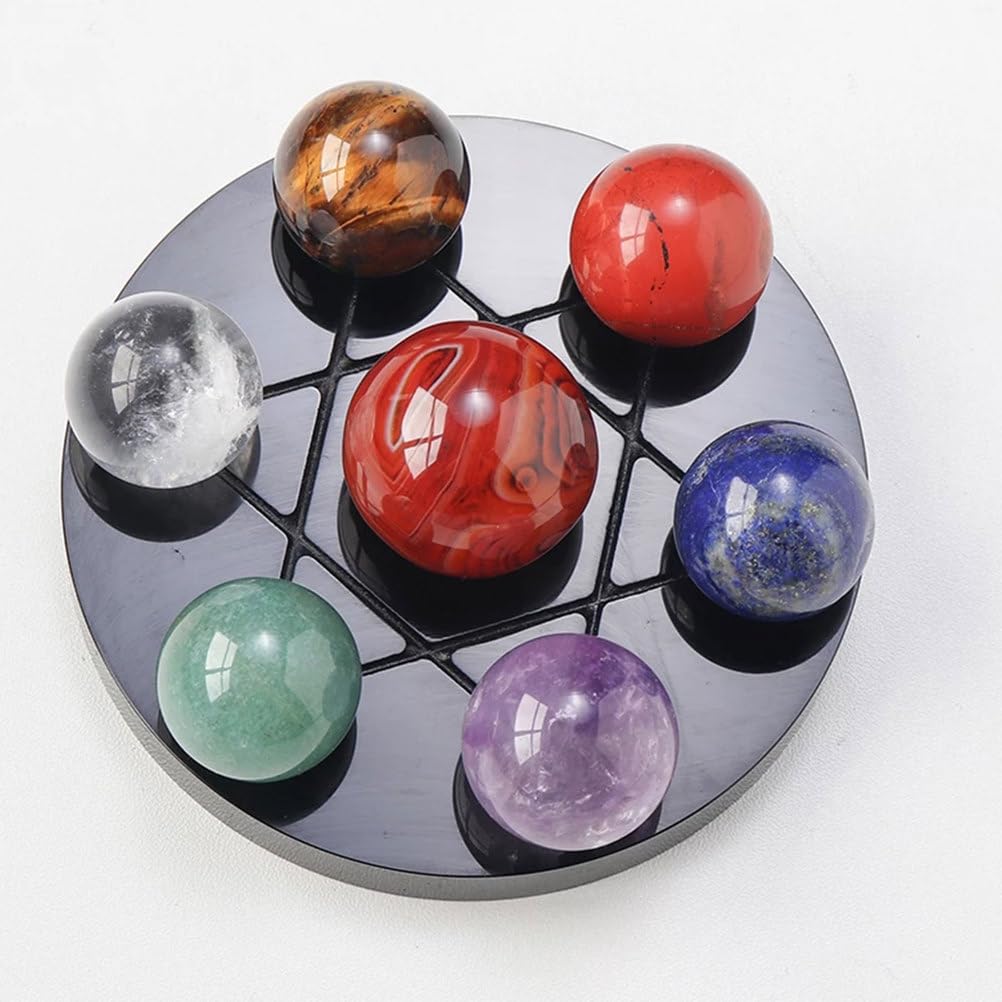 HHCTEBEC 7 Chakra Healing Gemstone Crystal Ball on Black Obsidian Stand-Natural Quartz Sphere Set for Reiki, Meditation, Feng Shui, Home Decoration