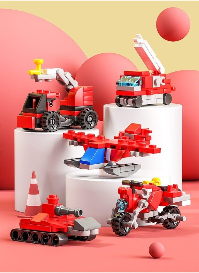 Assembled mini fire and rescue vehicle models from Chocozone building blocks, including a fire truck, ambulance, and rescue helicopter.