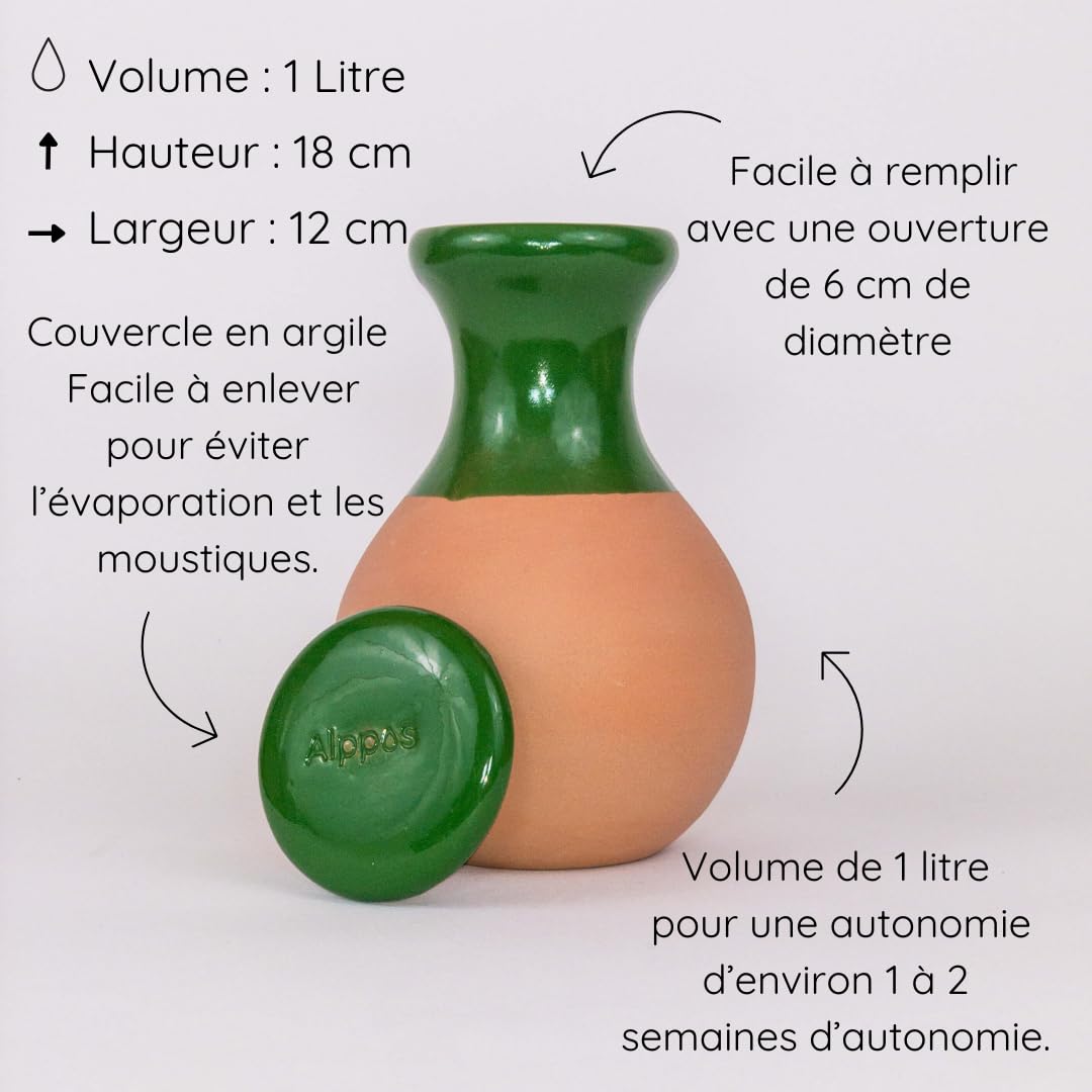 Oyas à enterrer 1 Litre en Terre Cuite avec Couvercle - ollas pour Plante intérieure et extérieure système d'irrigation par capilariter (2, Vert)
