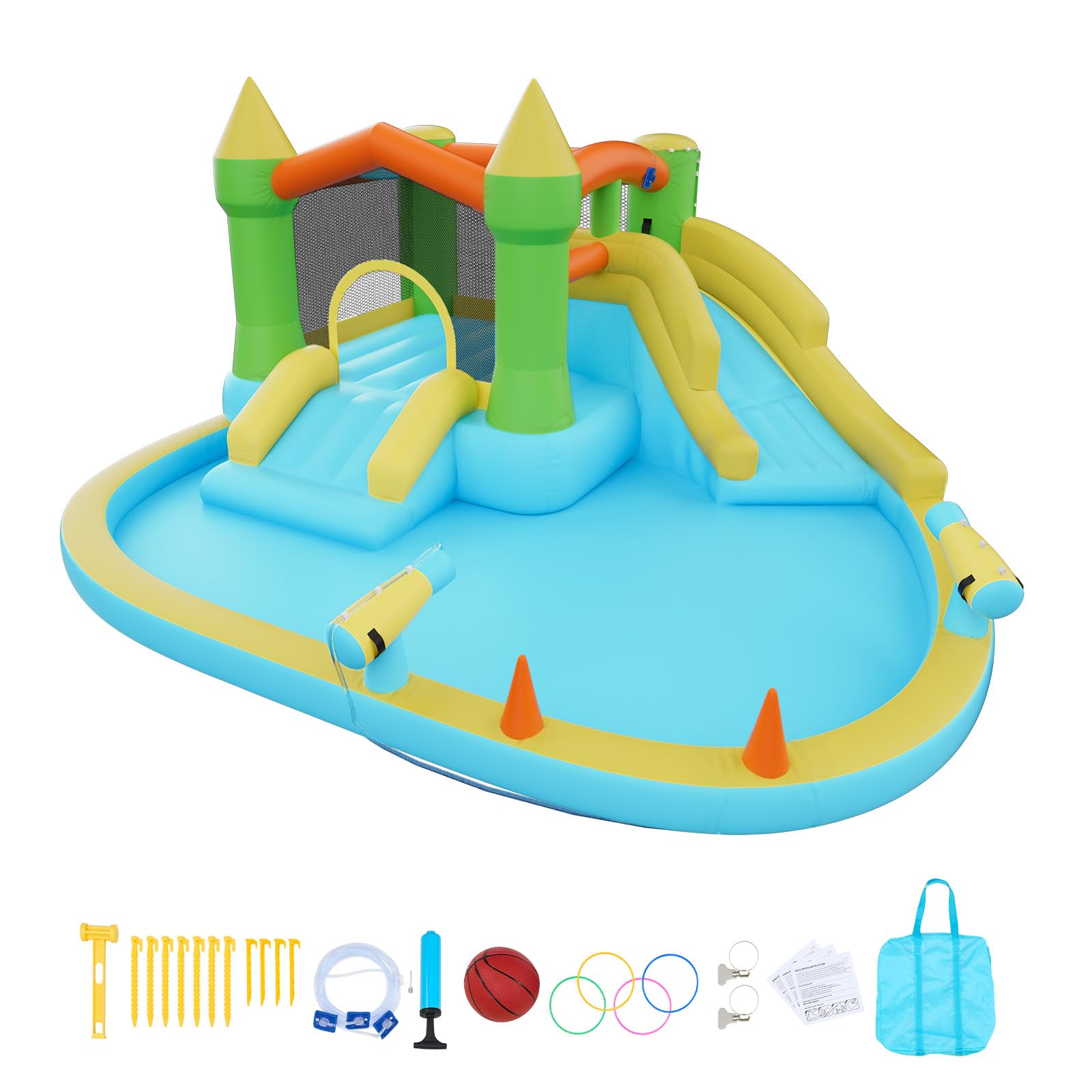 VEVOR Castello Gonfiabile da Esterno per Bambini 382 x 398 x 197 cm con Scivolo Piscina Gioco d'Acqua, Castello Gonfiabile Capienza ca. 3-4 Bambini per Età 3–8 Anni, Carico max. 160 kg