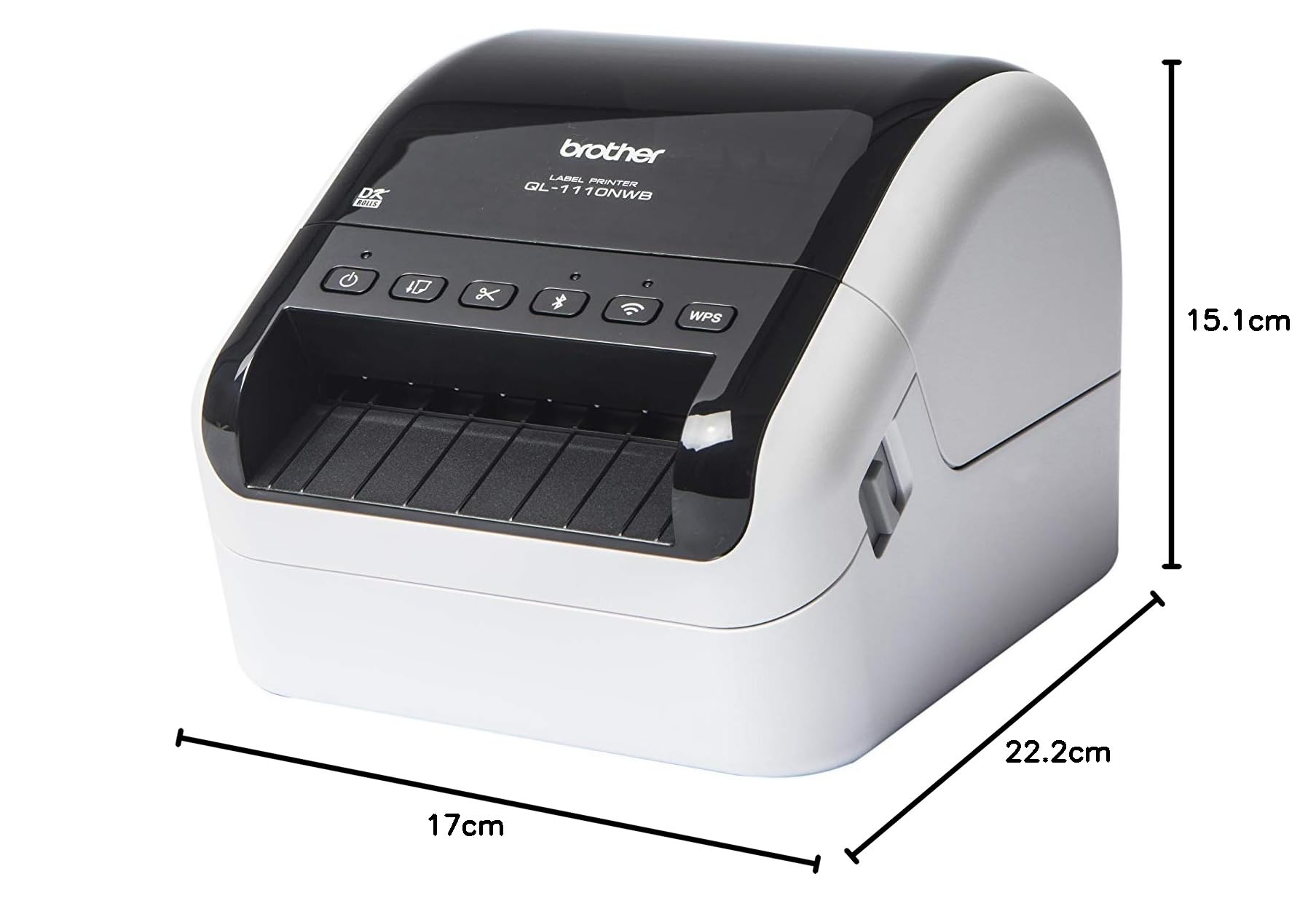 Brother QL1110NWBC | Stampante per Etichette | Collegabile a PC | USB, LAN, WiFi, Bluetooth | Fino a 110mm/sec | Rotoli DK fino a 101,6 mm (4") | Stampa in Nero su Bianco