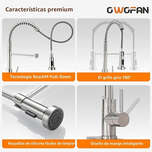 Miniatura 5 de OWOFAN Grifo monomando de cocina con rociador de latón sólido níquel cepillado industrial Grifo para granja cámper lavandería vehículo utilitario