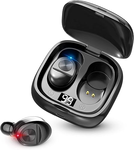 Auriculares inalámbricos Bluetooth 5.0, auriculares intrauditivos con funda de carga de 350 mAh y pantalla LED, micrófono integrado para deportes,