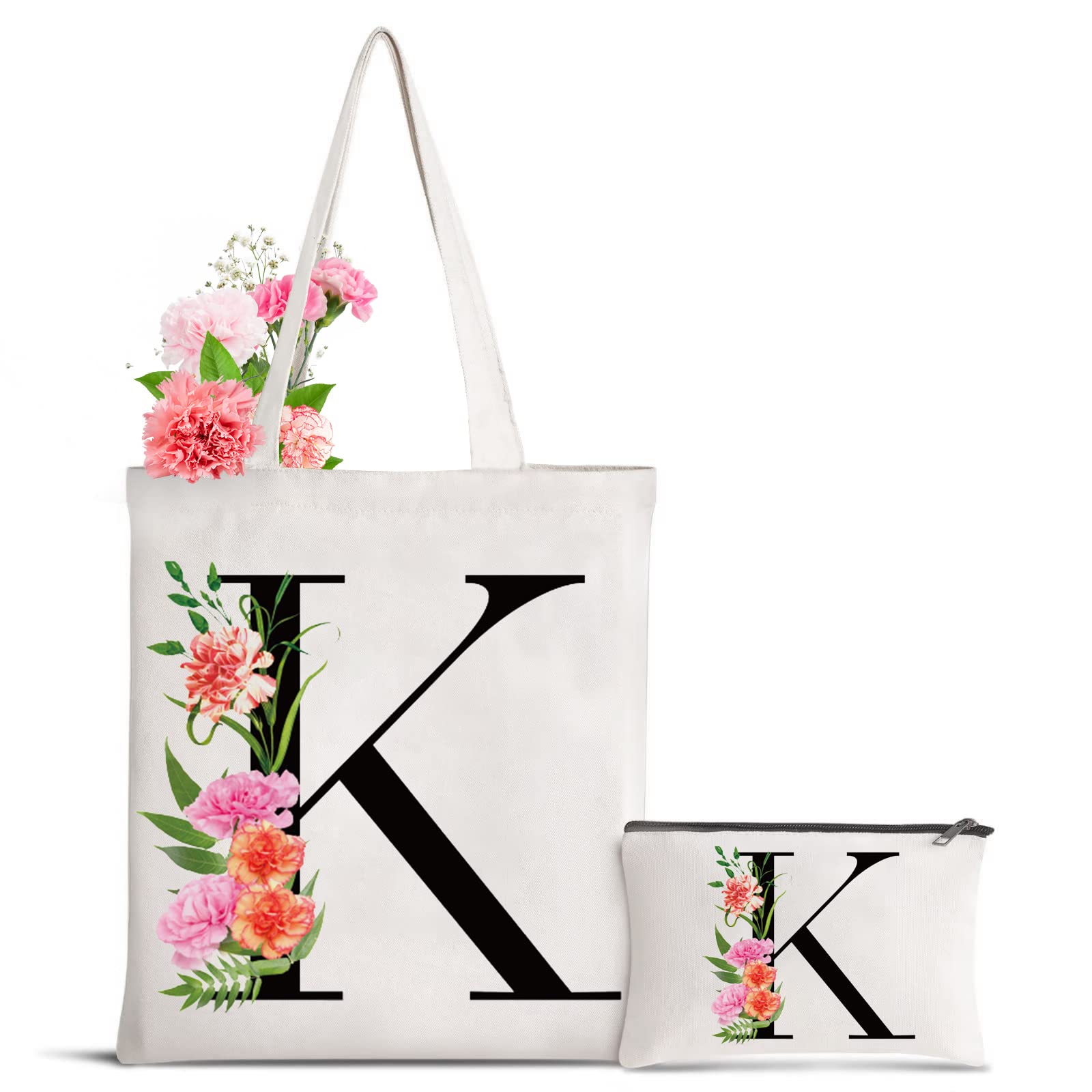 Sanuurfky Letter Initial Canvas Tote Bag Personalized Present Bag Gift for Mother's Day Bridesmaids Bride Birthday Wedding