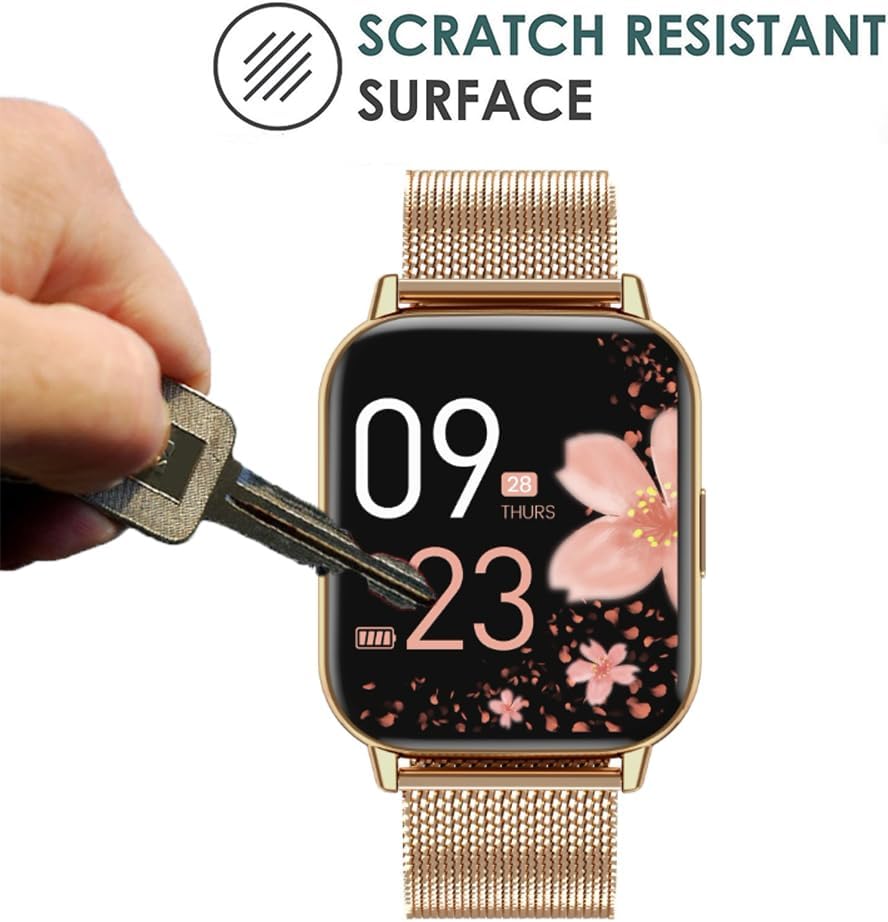Hand holding a metal key attempting to scratch a smartwatch screen protected by a Yoomigle screen protector, demonstrating scratch resistance.