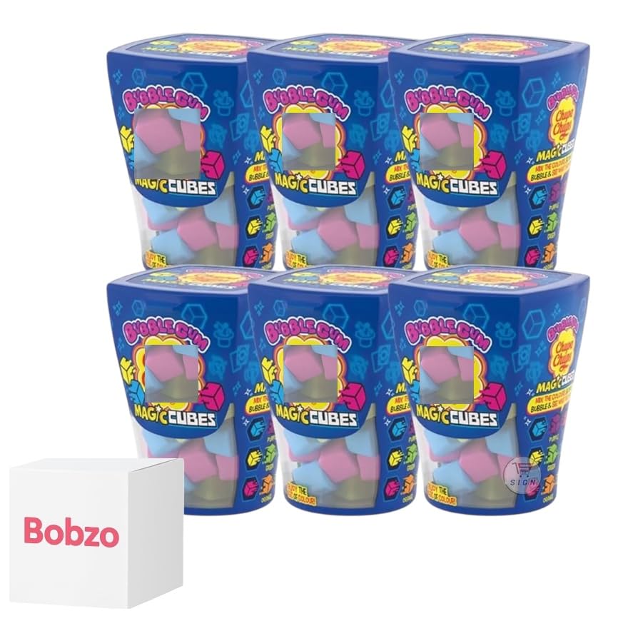 Bobzo Bundle Gift (Pack of 6) Assorted Fruit Bubblegum Magic Cubes 86g – Chewy Candy Bottles – Kids Party Sweets, Gift Treats, Retro Candy, Bulk Sweet Box
