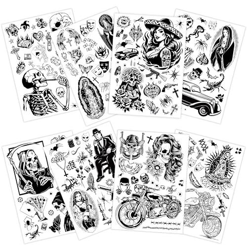 Cholo Tattoos Temporary for Adults, 8 Sheets Large Fake Tattoos, Day of the Dead Chicana Guadalupe Gangster Prisoner Mexico, Chicano Party Decorations, Halloween Cholo Clothes 180+ Styles