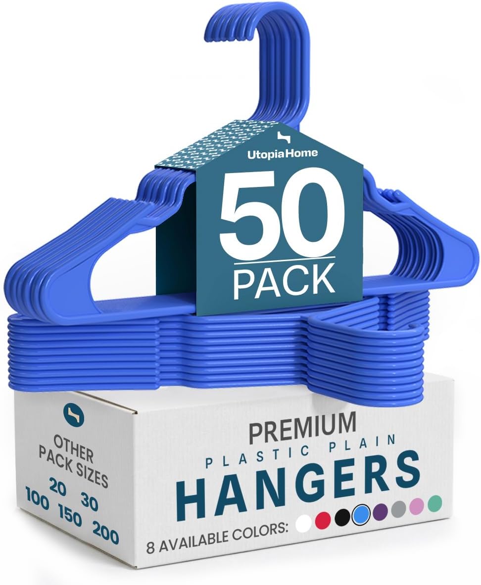 Plastic Hangers 50 Pack - Space Saving Clothes Hanger - Durable and Strong Closet Organizers and Storage Makes It Ideal Stocking Stuffers or Apartment or Dorm Room Essentials (Blue)