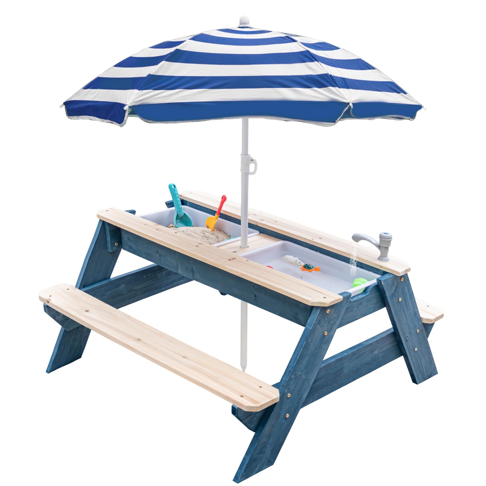 K LUCKIDS Kids 3-in-1 Sand & Water Activity Table, Wood Outdoor Convertible Picnic Table with Umbrella, 2 Play Boxes, Removable Top, Faucet Table Outdoor (Blue/Navy)