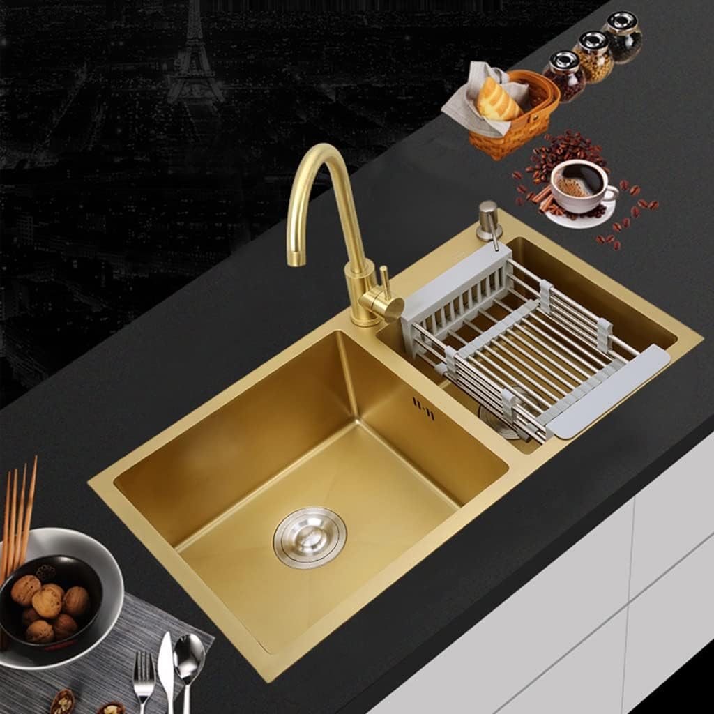 Double Bowl Kitchen Bar Sink Wet Bar & Prep Sink 304 Stainless Steel RV Sink with Faucet & Drain Top Mount Or Undermount (Gold 78x43x22cm)