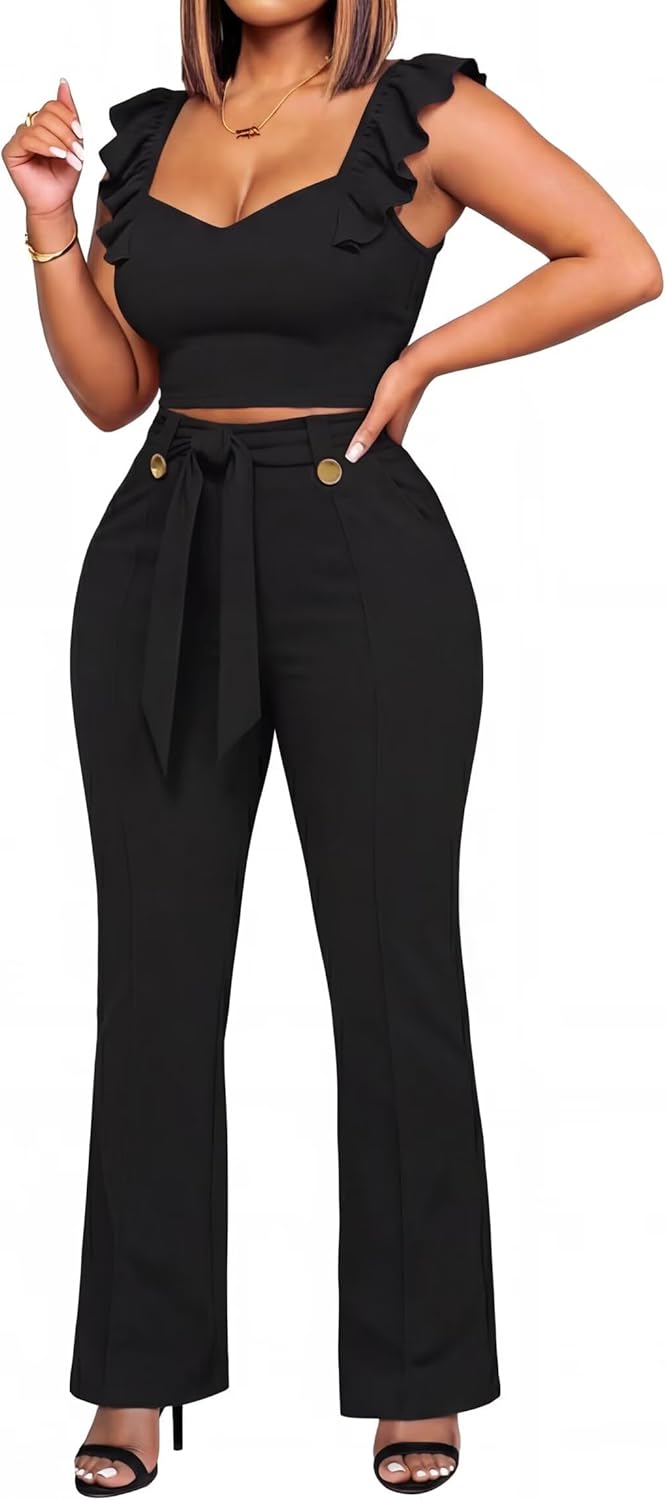 Aro Lora Womens 2 Piece Sets Summer Outfits Sweetheart Neck Flounce Sleeve Crop Top Pants Set with Pockets