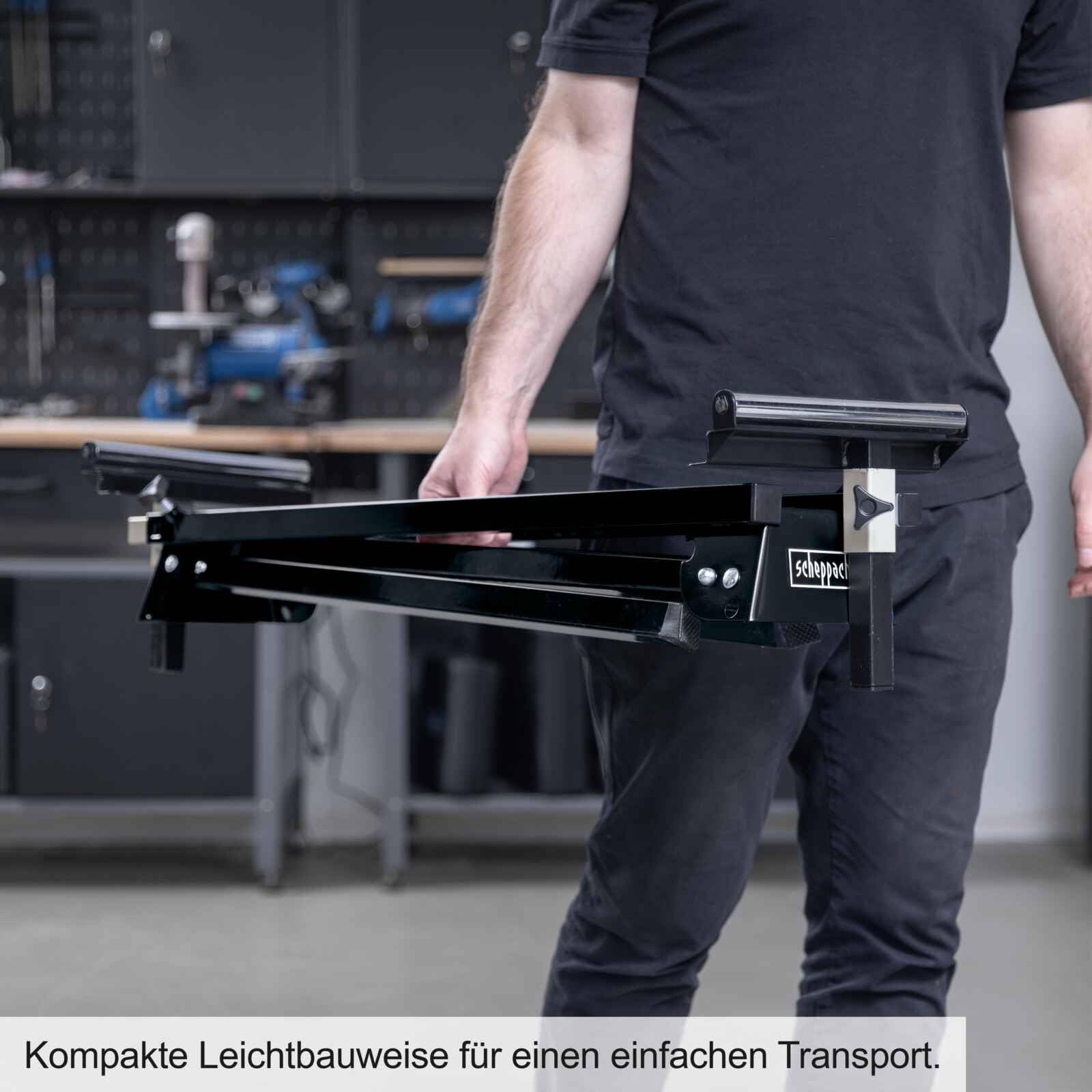 Scheppach Black Universal-Untergestell UUG1550-BE | Arbietshöhe 76,3 cm | Traglast 150 kg | Seitenverlängerung bis zu 194,5 cm | Auflagen höhenverstellbar bis 110mm