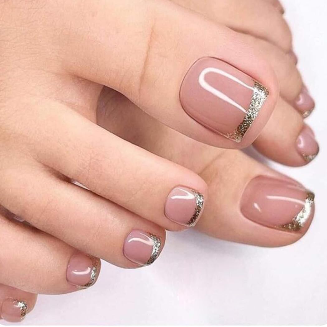 Glitzernde Künstliche Zehennägel Rosa – 24 Stück, Selbstklebend, Voll Bedeckend