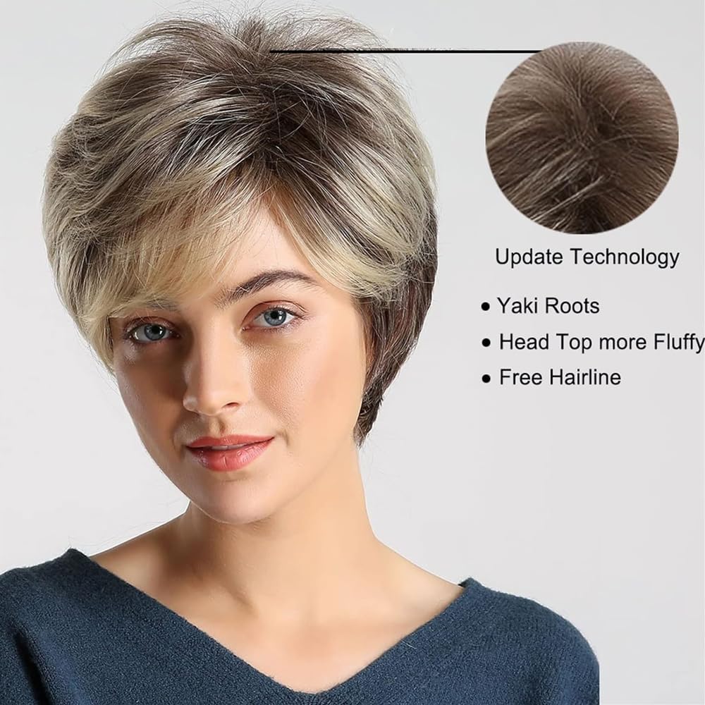 YuanYouTong Short Pixie Cut Wig for Women - Blonde With Dark Roots, Bangs, Natural Straight, Fluffy Layered, Heat Resistant Synthetic Hair Replacement for Party Daily Wear - Image 4