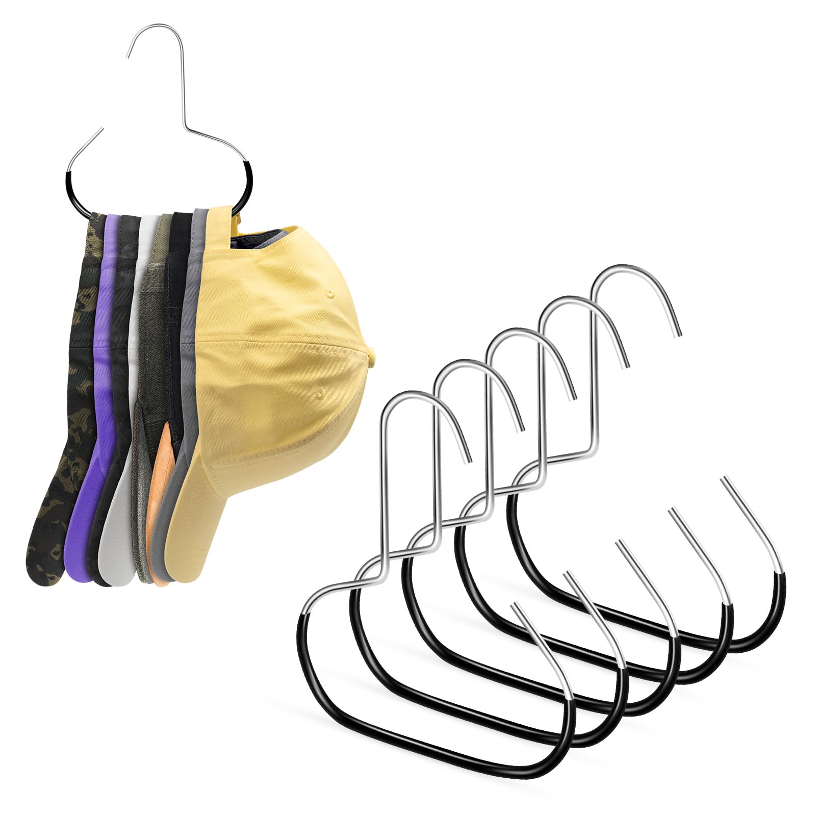 Hat Organizer for Baseball Caps Metal Hat Rack for Closet - 6 Pack Space Saving Cap Rack Holds Baseball Caps, Accessories - Multi Functional Storage Hanger (Black)
