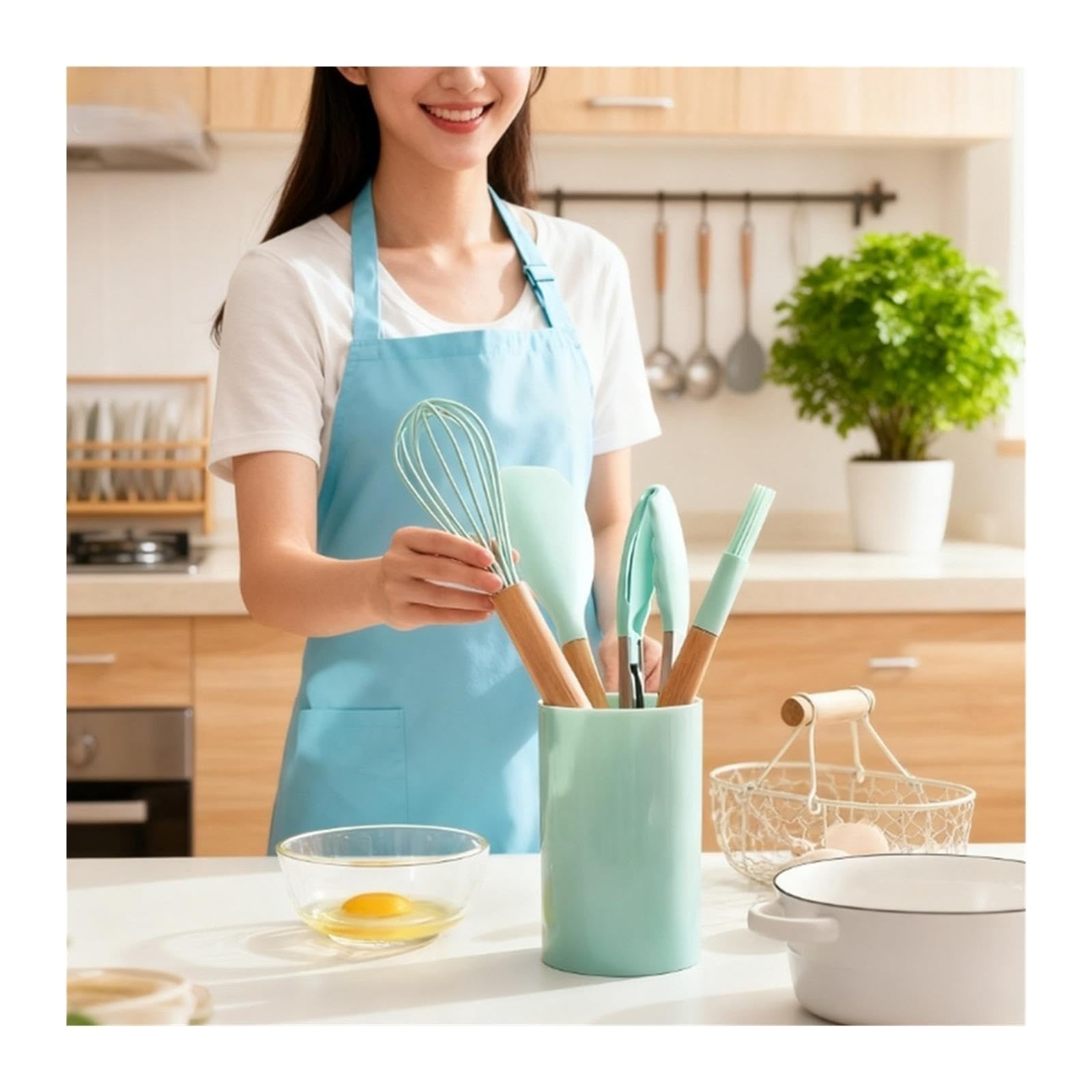 Juego de 12 utensilios cocina silicona con mango madera, antiadherentes, espátula, pala, batidores huevos(White 12Pcs)