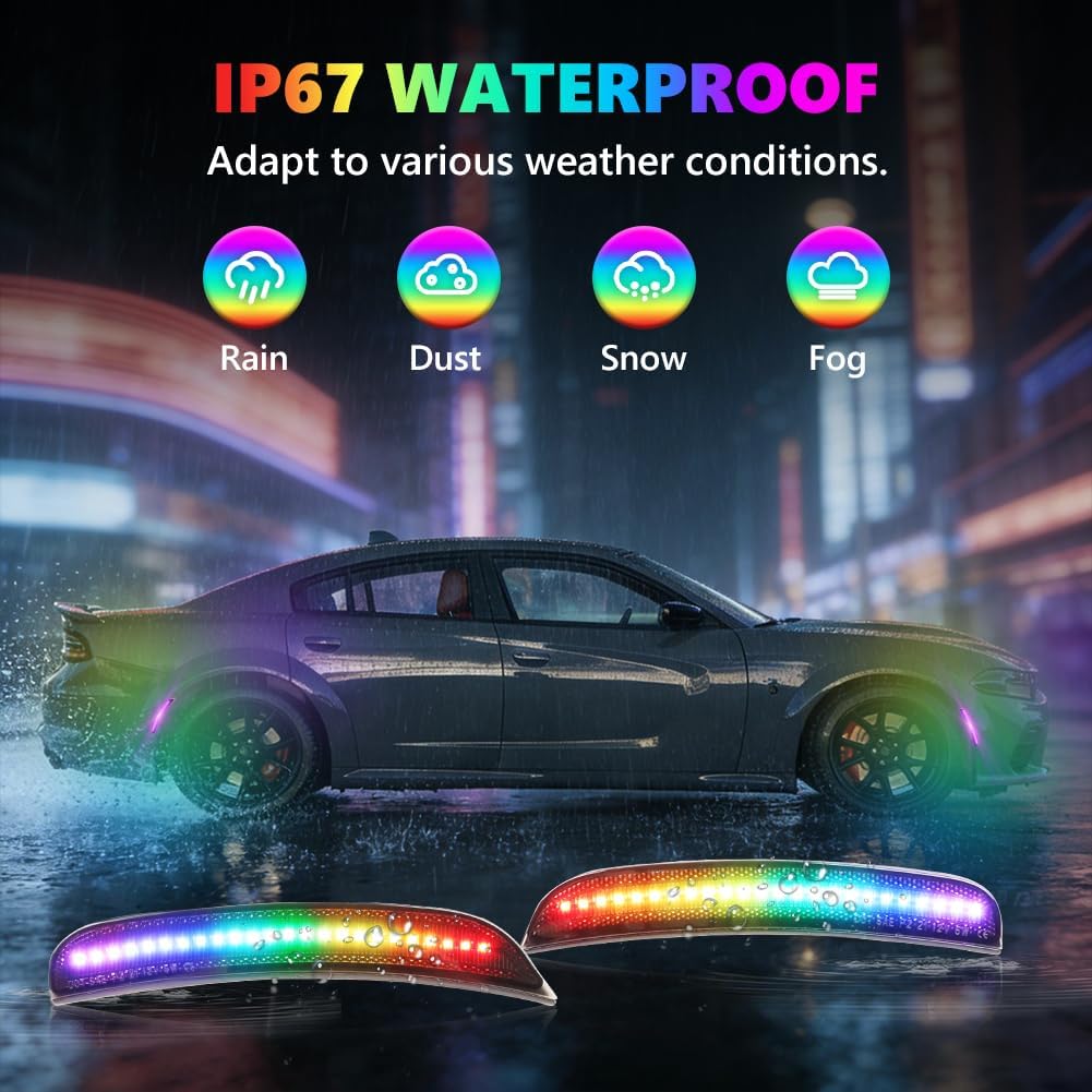 RGB Full LED Side Marker Lights Compatible with 2015-2023 Dodge Charger, [4 Modes 16 Colors] Multi-Color RGB Marker Lamps, Front & Rear Smoked Lens Bumper Assembly with Remote Strobe, 4PCS