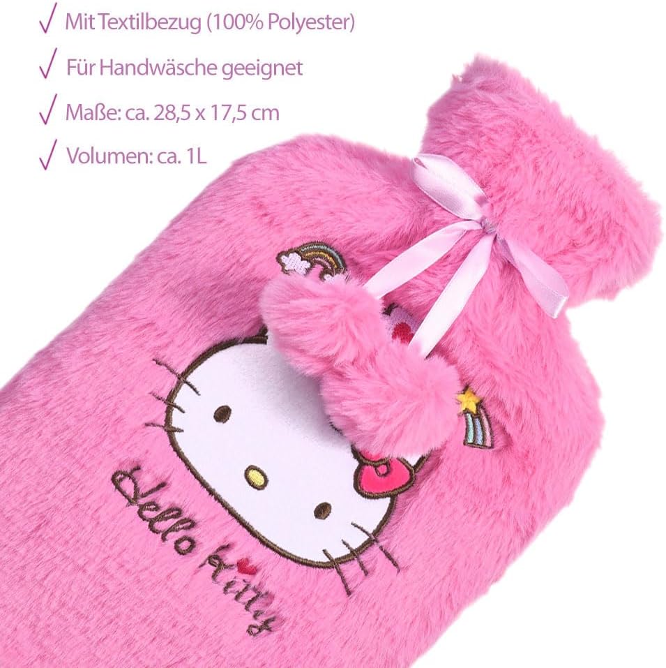 Wärmflasche ca. 1L mit weichem Plüsch Bezug - Rosa - Hello Kitty - Motiv - Analyse des détails et conception