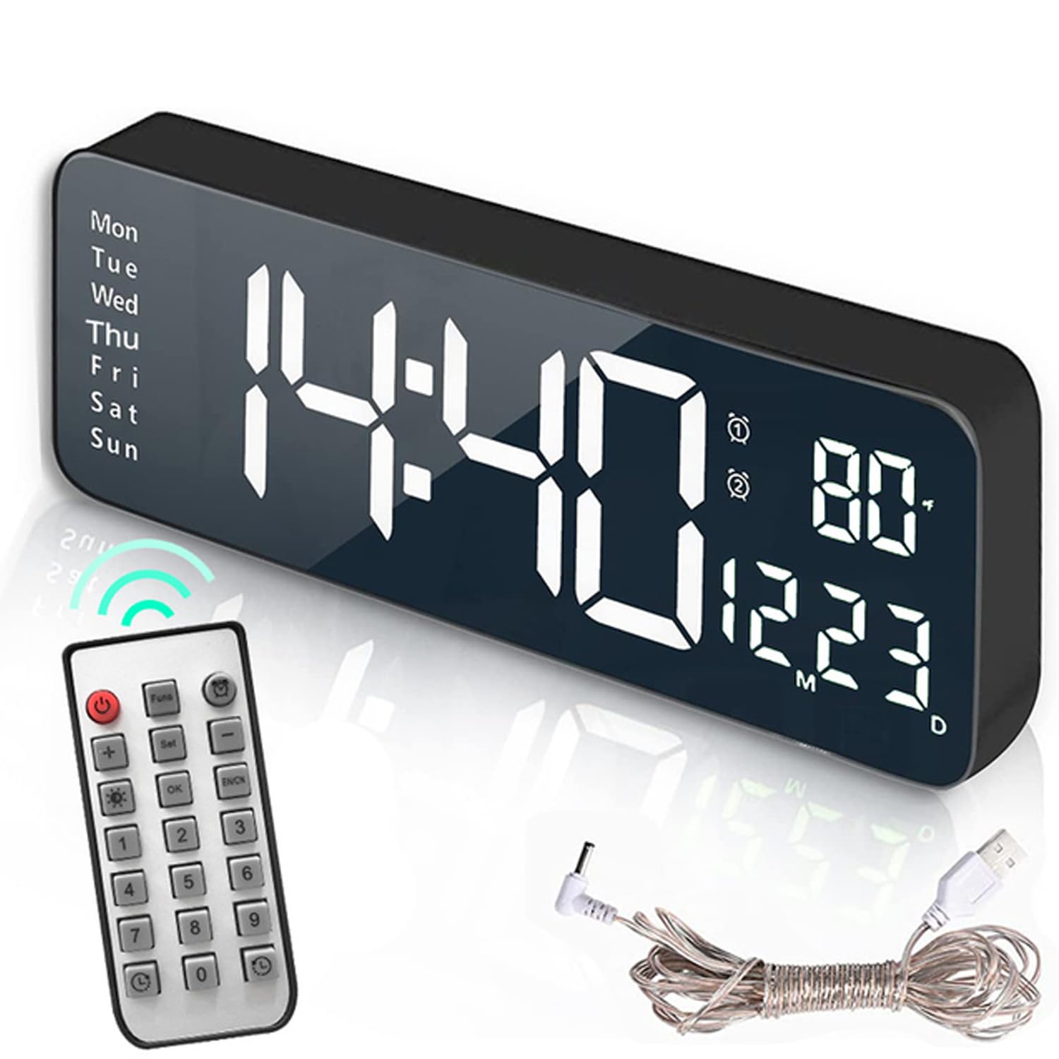 TriLine LED Large Digital Wall Clock for Living Room Bedroom with Remote Control, 16 Inch LED Desk Clock Temperature, Date
