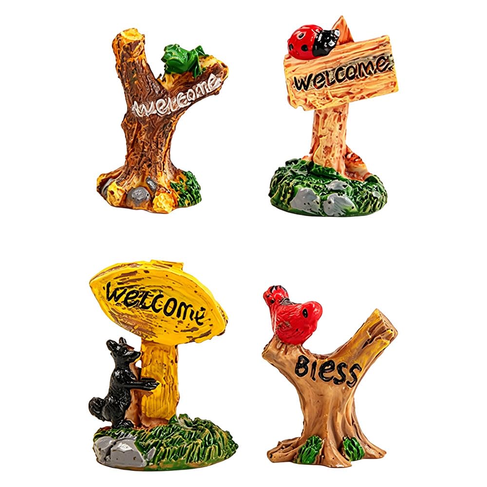 Jehoshaphat 4Pcs Resin Moss Micro Landscape Ornament Miniature Flower Holder Road Sign Marker Decor for Plant Pot Terrarium Scene Layout Landscape Accessory
