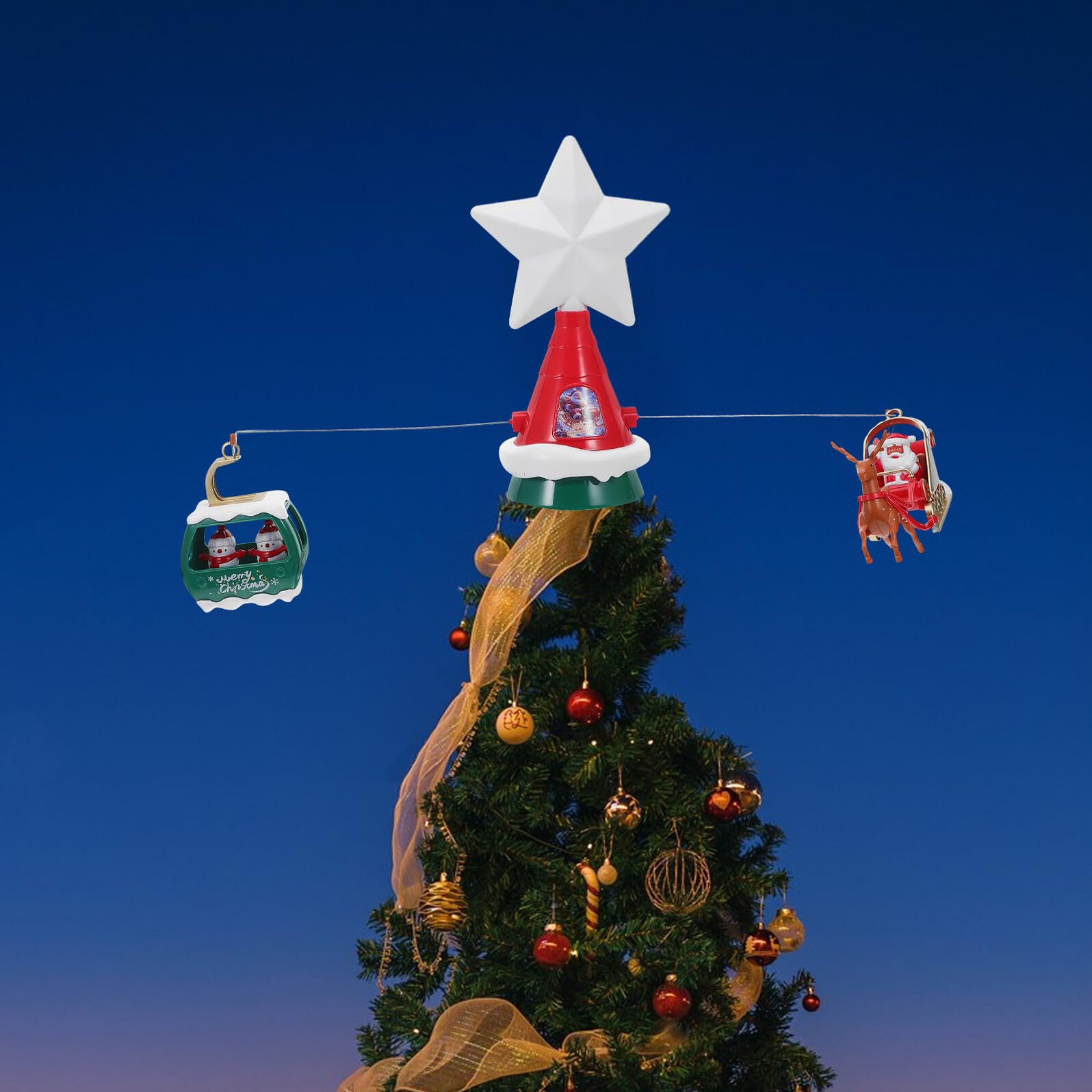 Veemoon Stern Weihnachtsbaumspitze Drehend mit Led-lichtern und Musik Motiv Schlitten Weihnachtsmann Schneemann Dekoration Baumspitze Festlich für Weihnachten