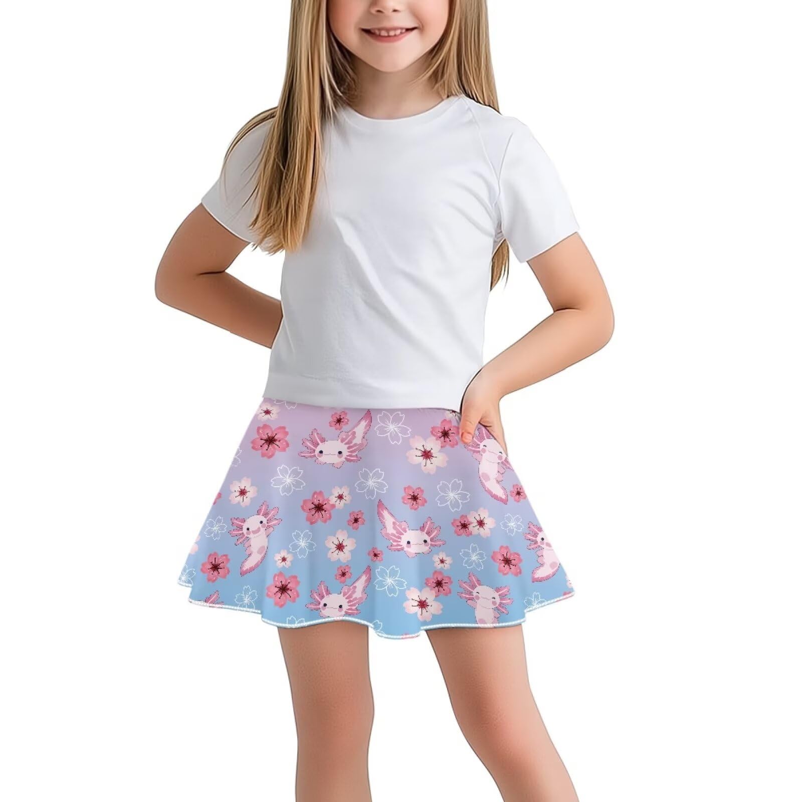 YORXINGY Cherry Floral Axolotl Girls' Sport Skirts with Pockets 2 in 1 High Waist Athletic Running Skorts Built in Shorts for Tennis and Golf Quick-Dry and Lightweight Skirt Size 8-10