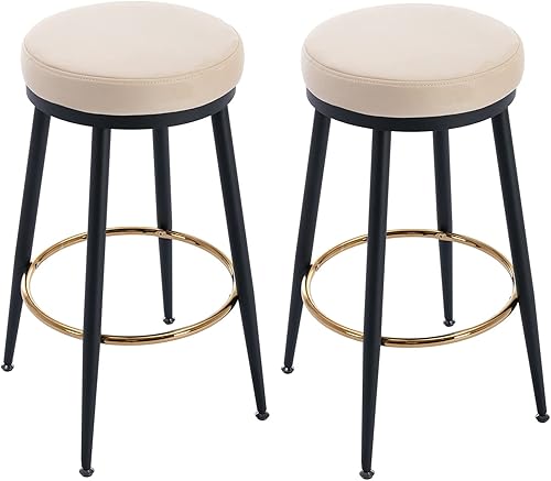 Miniatura 3 de Kmax Juego de 2 taburetes de bar de 26 pulgadas, modernos taburetes de bar de metal con reposapiés dorado, asiento de terciopelo para isla de cocina