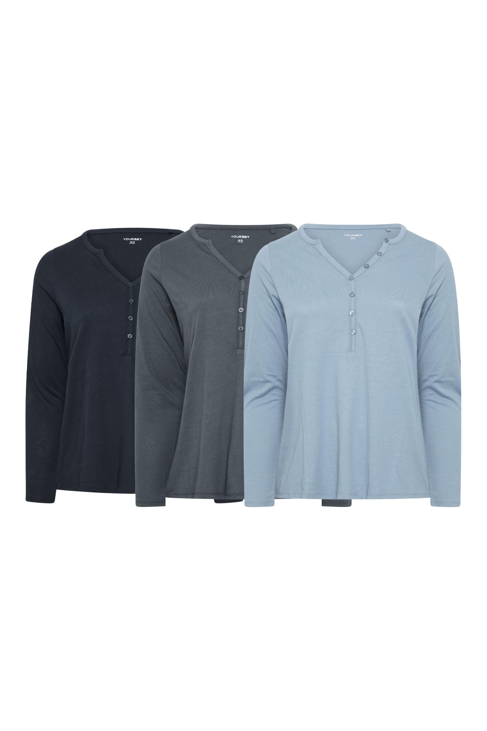 Yours Women's Blue Yourset 3 Pack Curve Long Sleeve Henley T-Shirts In - Plus Size Curve