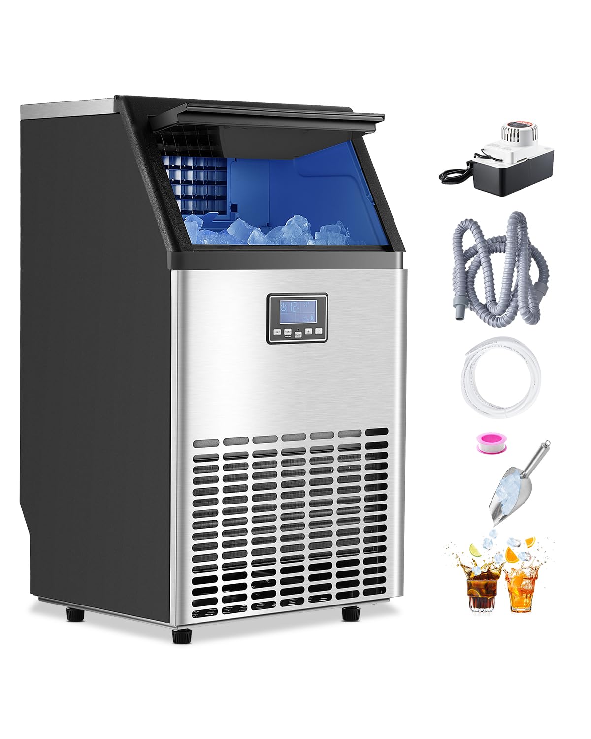 VEVOR 100lbs/24H Commercial Ice Maker Machine with Drain Pump, 33lbs Storage Capacity Ice Maker, 45 Ice Cubes in 15 Minutes, LED Digital Display Freestanding Self-Cleaning for Bar Office Restaurant