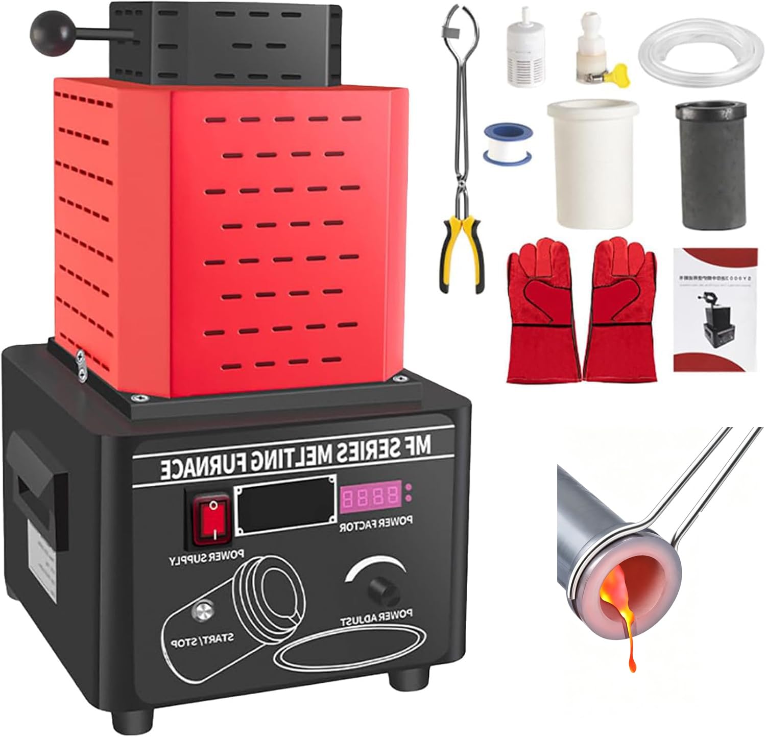 QYLTTDM Electric Gold Melting Furnace, 1600℃ /2912℉ Digital Melting Furnace Machine, 5000w Smelting Furnace, Metal Casting Kit With Graphite Crucible, Smelting Time 3-5 Red 1kg