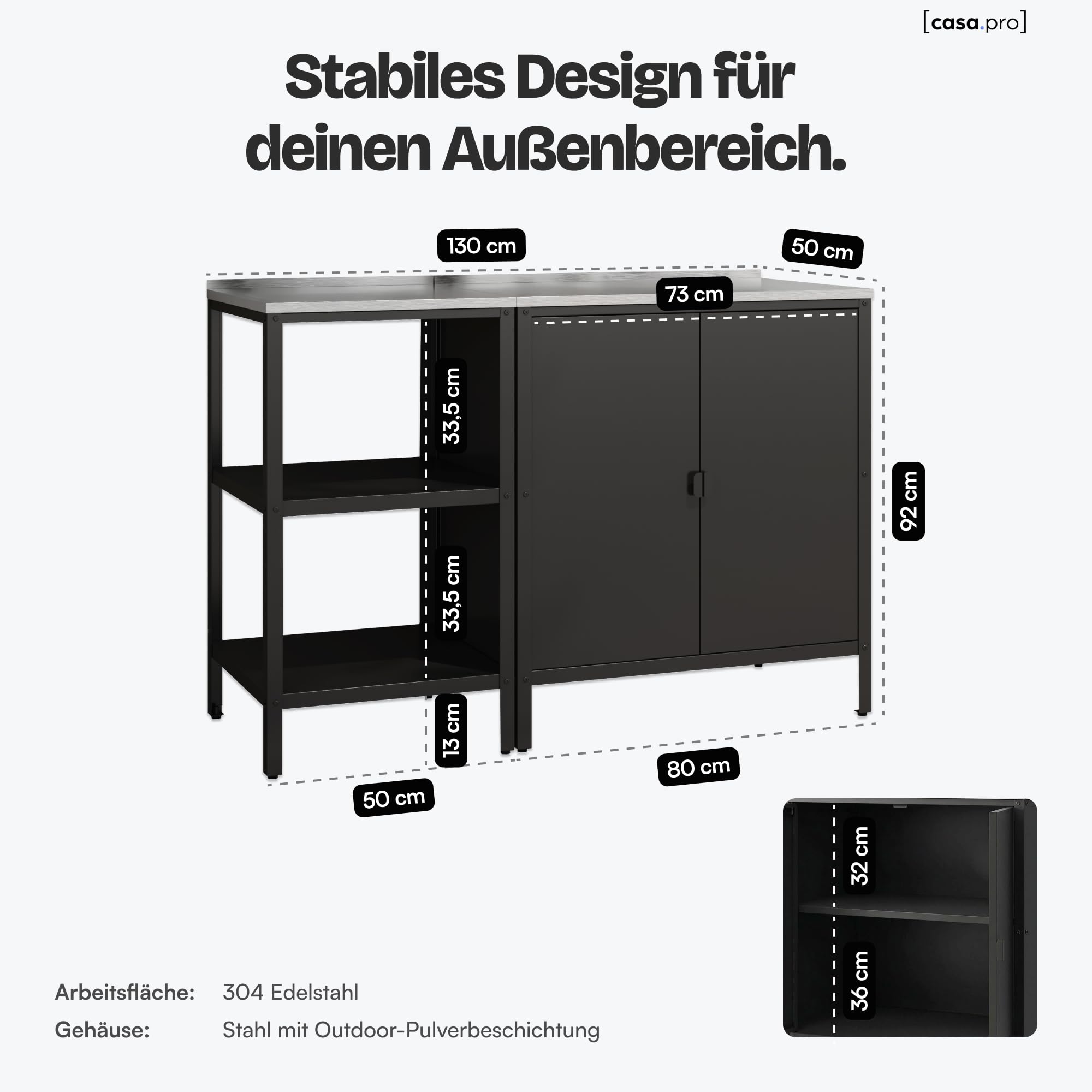 casa.pro Outdoorset Bolognano Gartenmöbelset Outdoor-Standregal und Outdoor-Schrank im Set Gartenschrank Gartenregal für Grill Möbelset für Drinnen und Draußen Schwarz matt