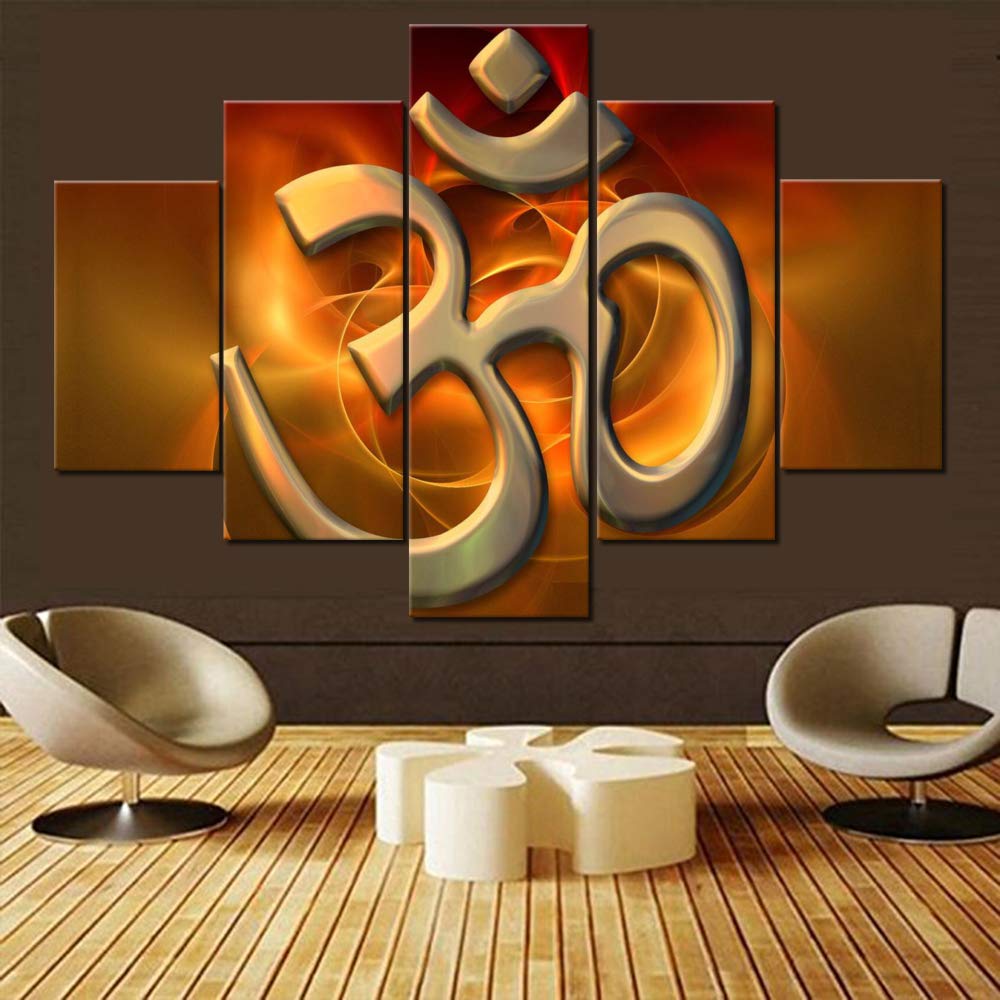 bpaMulti Panel Wall Art Aum Paintings on Canvas Symbol Pictures for Living Room Premium Quality Indian Artwork Modern House Decor Framed Ready to Hang Posters and Prints(60''Wx40''H)