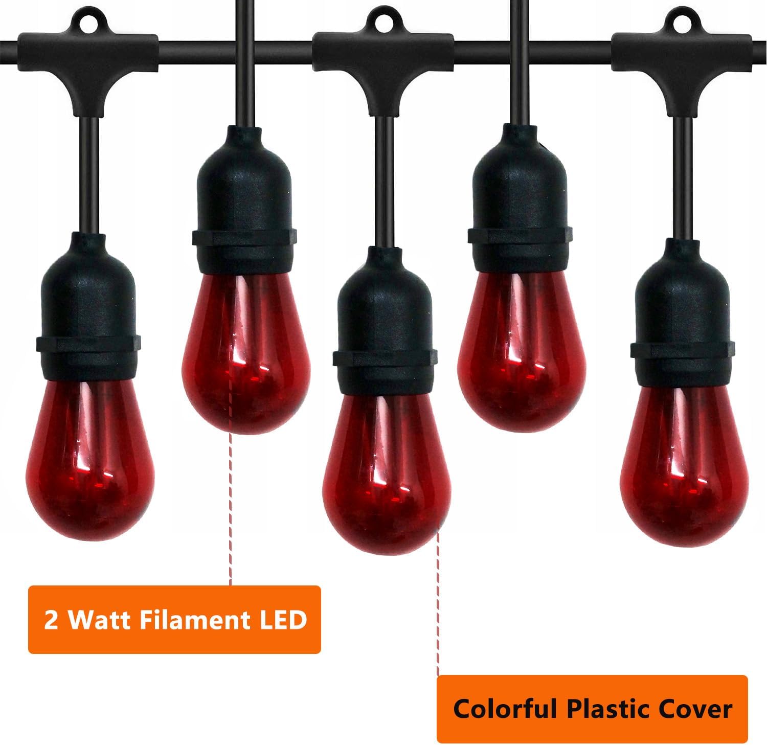 15 Pack S14 LED Red String Light Bulbs, Shatterproof 2 Watt Replacement Bulbs for Outdoor String Light, Waterproof Decorative E26 Base Red Filament Edison Christmas Light Bulbs, 120V