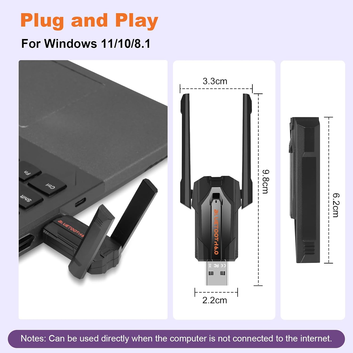 Dimensions of the RUIZHI Bluetooth 6.0 USB Adapter: 3.3cm width, 9.8cm height with antenna, 2.2cm USB width, and 6.2cm adapter body height.