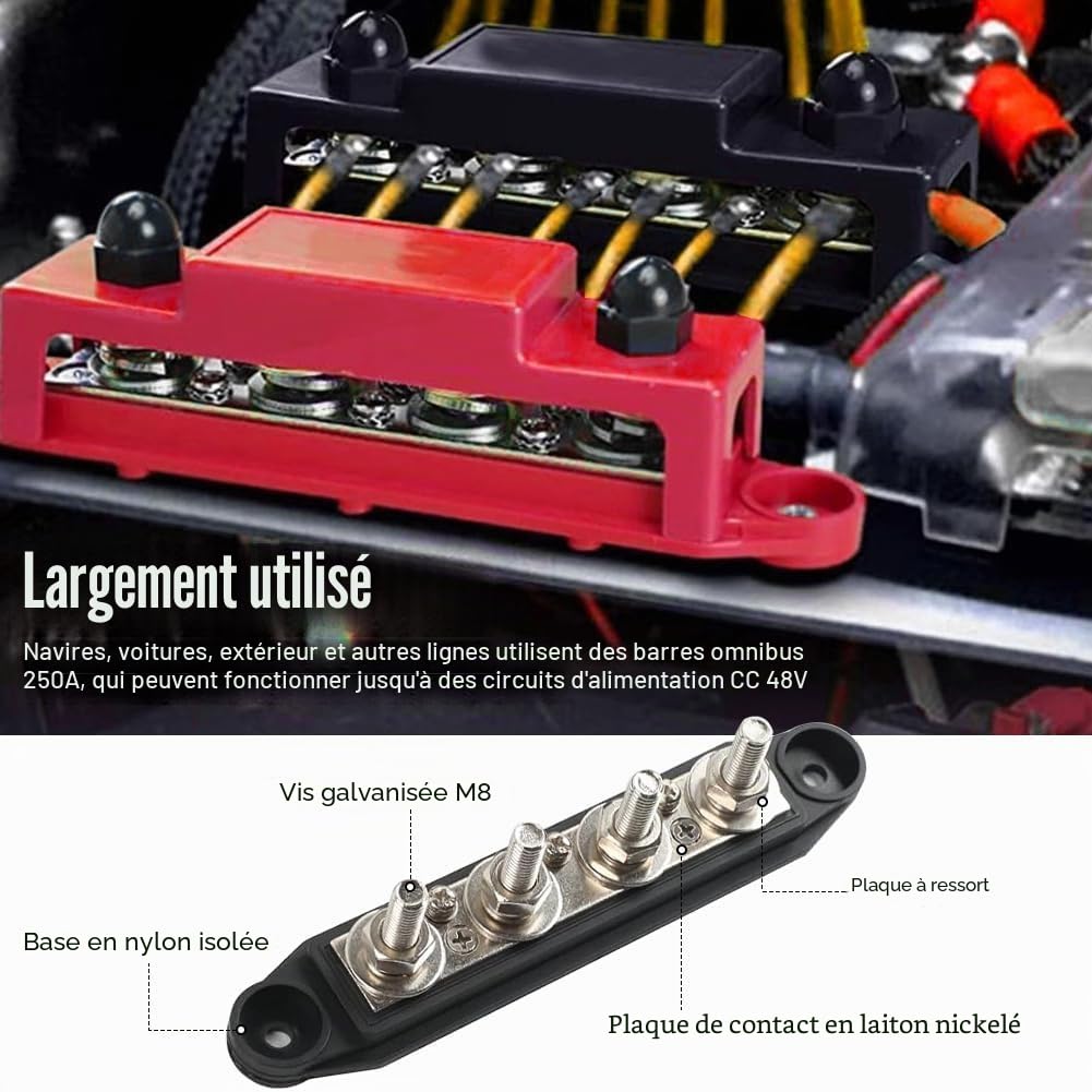 Lot de 2 rails de collecteur 12 V - 48 V CC - Bloc de distribution 250 A BusBar M8 - Avec 4 boulons de serrage M8 - Avec couvercle - Pour voiture, camping-car, bateau, yacht