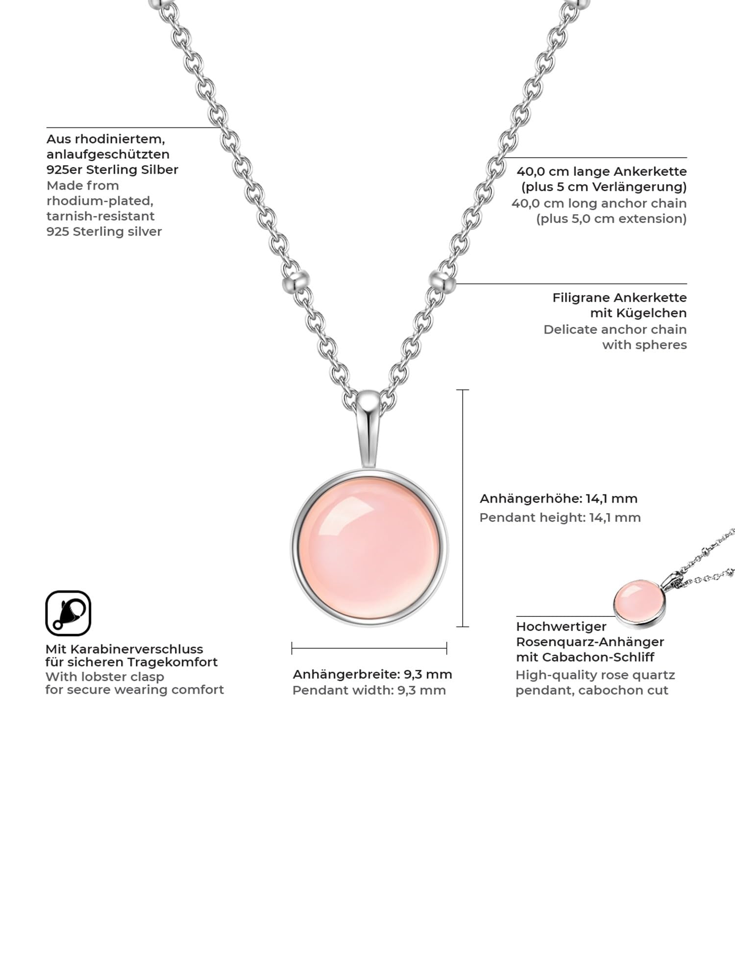 Glanzstücke Damen-Halskette 925/- Sterling Silber mit Edelstein-Anhänger | Rosenquarz,rosa,Edelsteinkette,für,Frauen,Heilsteine,Kette mit Anhänger,Silberkette