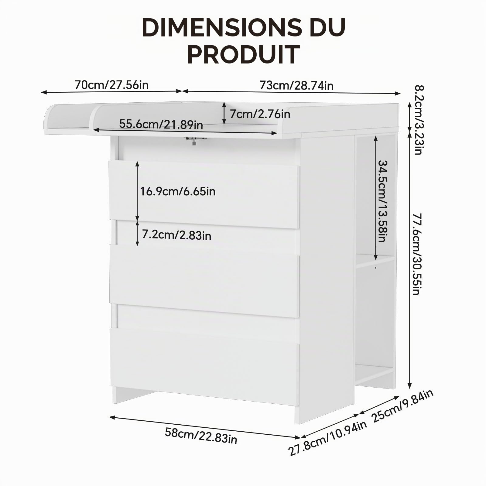 MSFE Table a Langer Bebe,2 et 1 Commode avec Amovible Plan à langer,Compacte Enfant Meuble Tables à Langer avec 3 Tiroirs et 6 Ouverts,Convient pour une Chambre d'enfant,73x70x78cm/113x32x70cm,Blanc