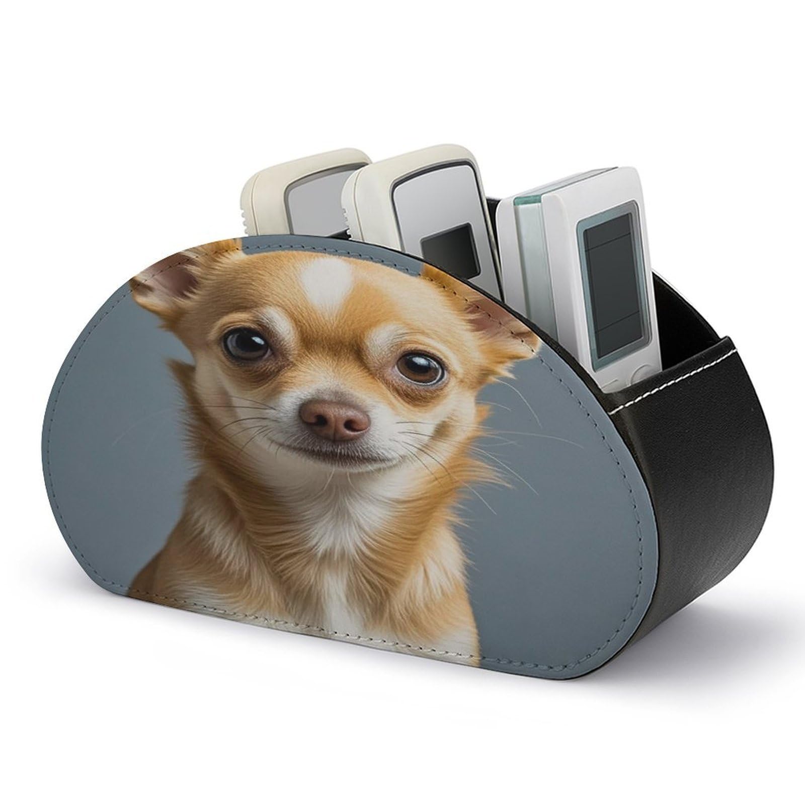 FekiLoot Cute Chihuahua TV Remote Control Holder with 5 Compartments Multi-functional Leather Bedside Table Remote Caddy Desktop Storage Box for Store Pen Controller Media Player Cosmetic