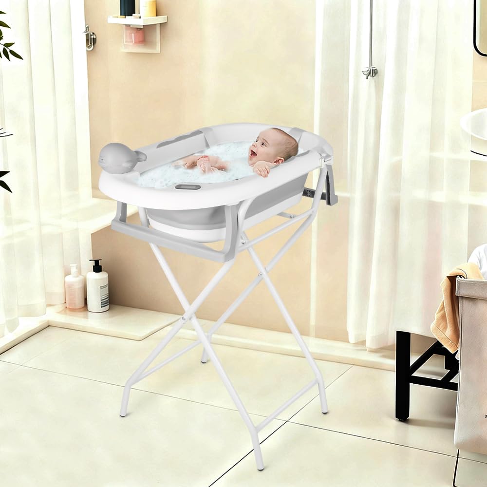 Bañera plegable para bebés con estructura, termómetro, cojín de baño y gorro de baño, bañera para bebé con sistema de drenaje, material PP y TPE (gris, 55 x 40 x 90 cm)
